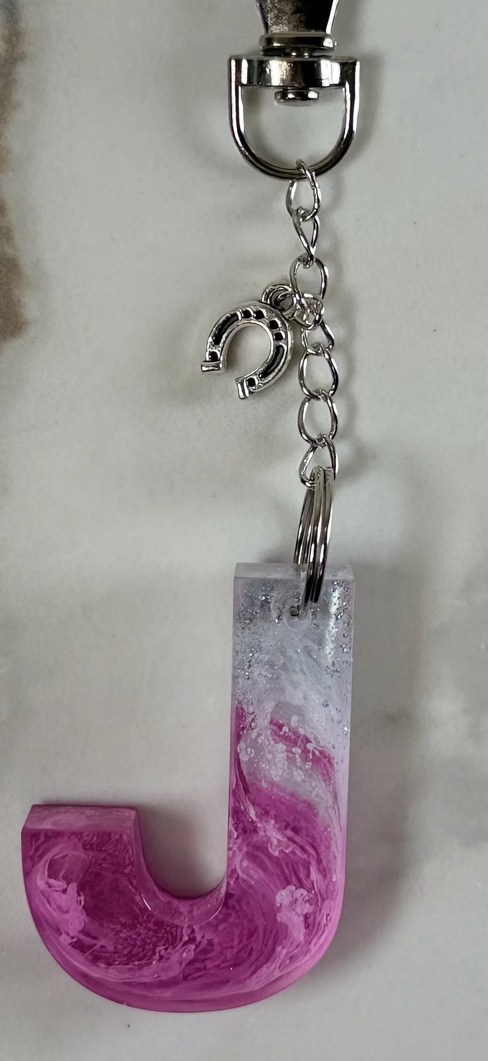 Handmade Resin Letter J Keychain with Horseshoe Charm #90