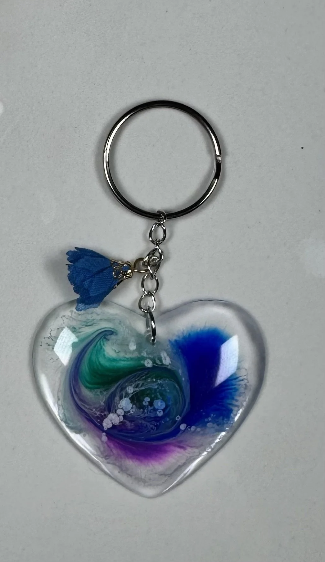 Resin Heart Swirl Keychain with Blue Charm #259