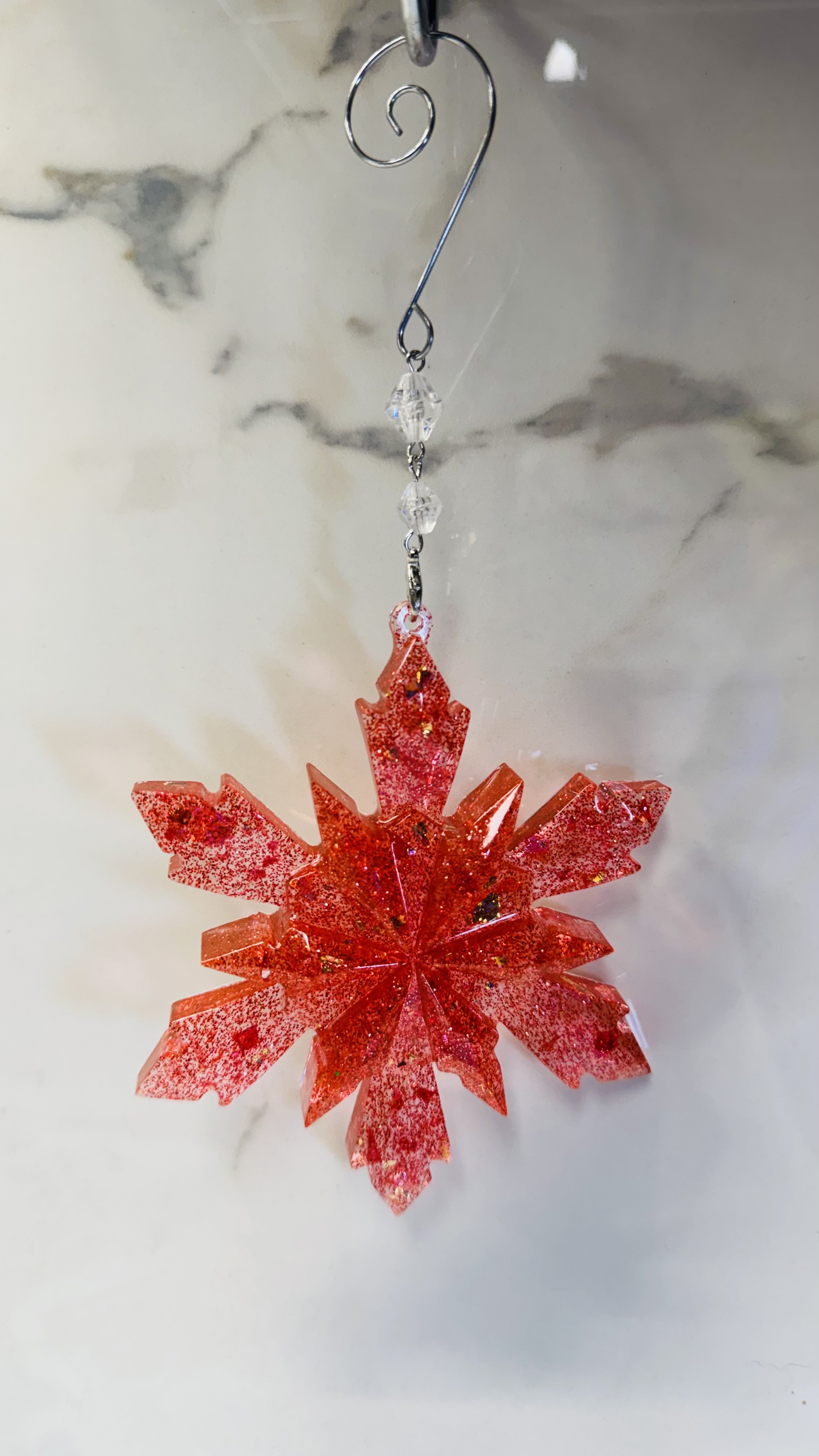 Red Resin Snowflake Ornament with Gold Glitter #382