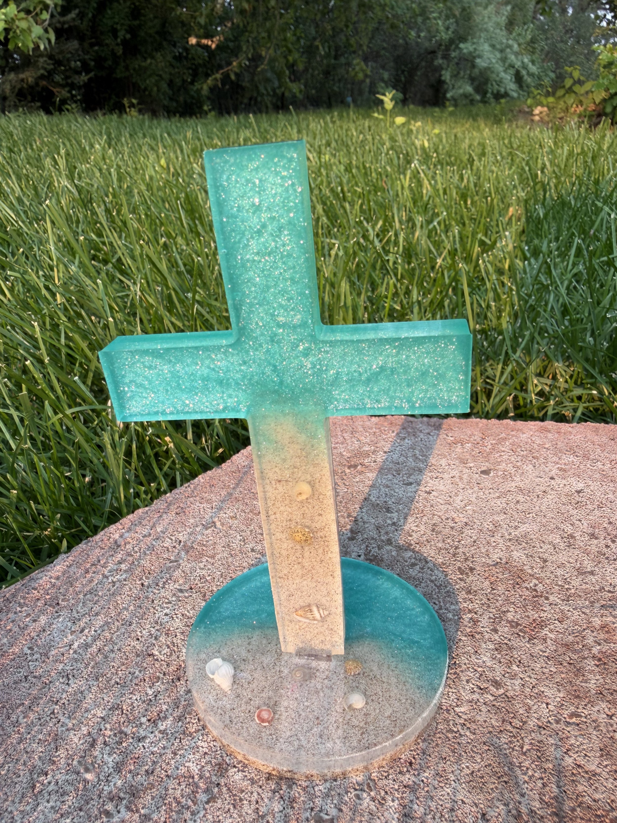 Sparkling Blue Resin Cross with Seashells & Stand #53