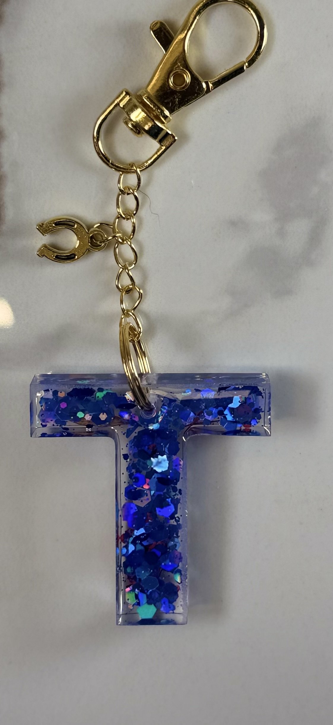 Resin Letter T Keychain with Gold Horseshoe Charm #24