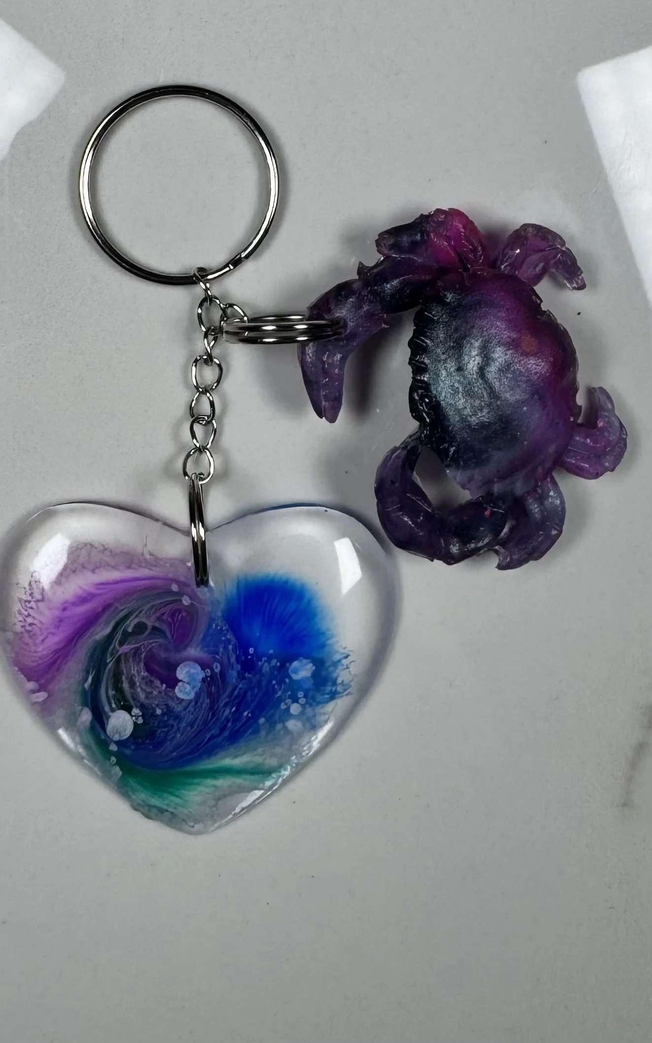Ocean Heart Resin Keychain with Crab Charm #37