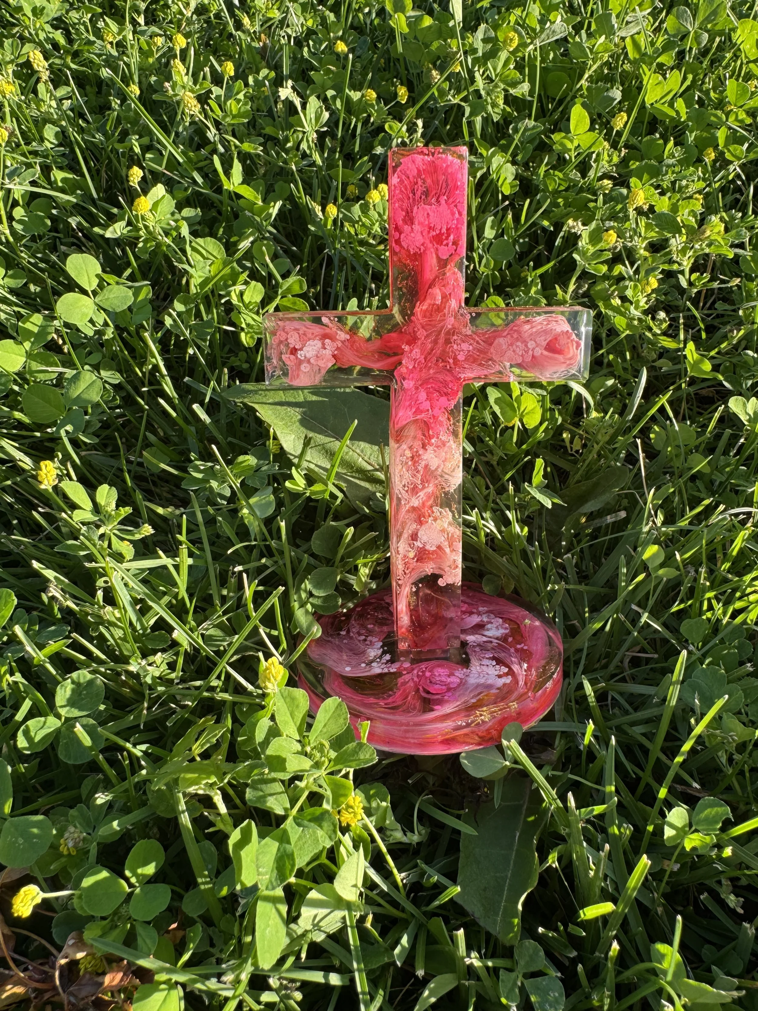 Resin Cross with Pink and White Swirls