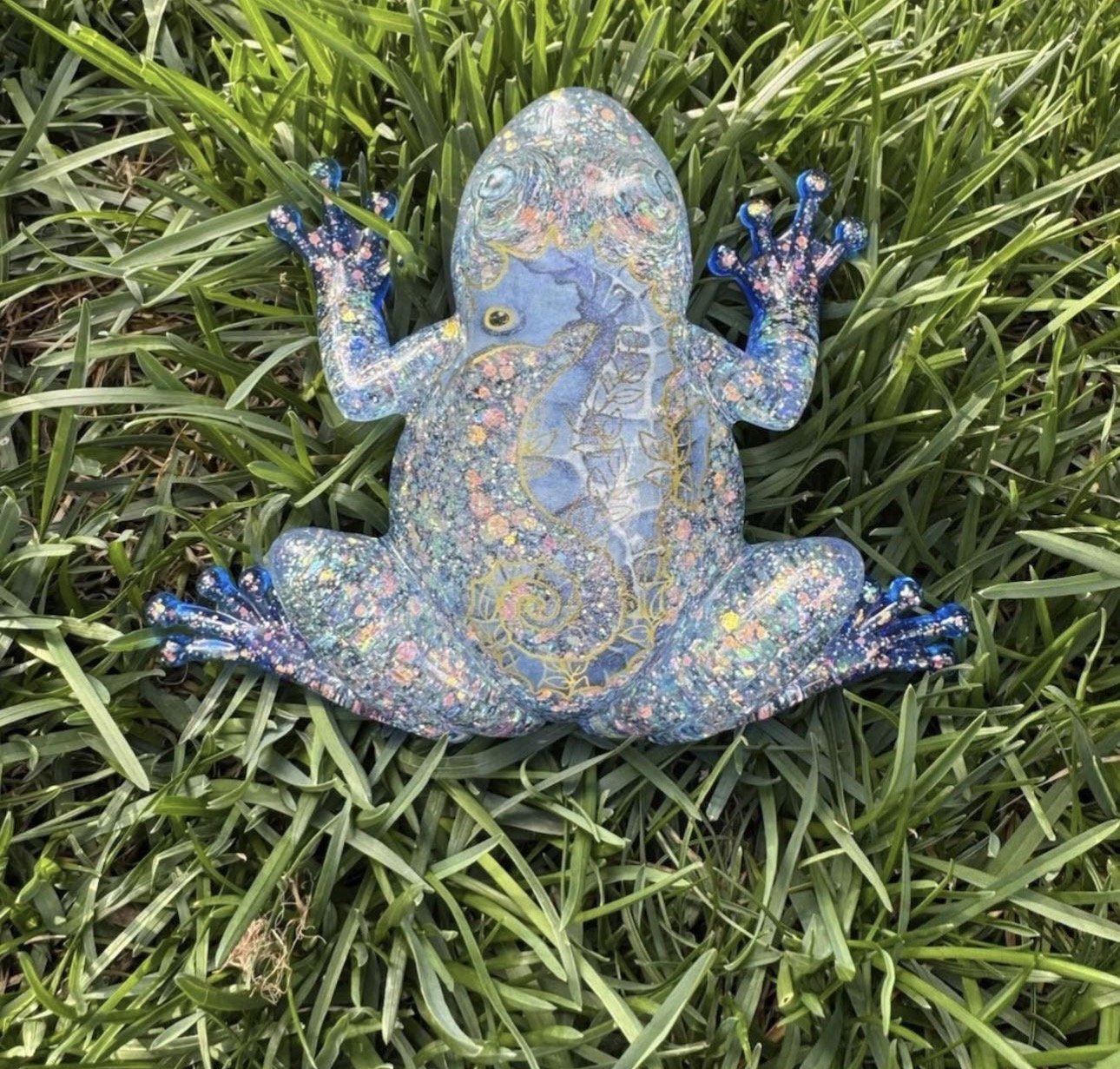Sparkly Blue Resin Frog with Seahorse Design