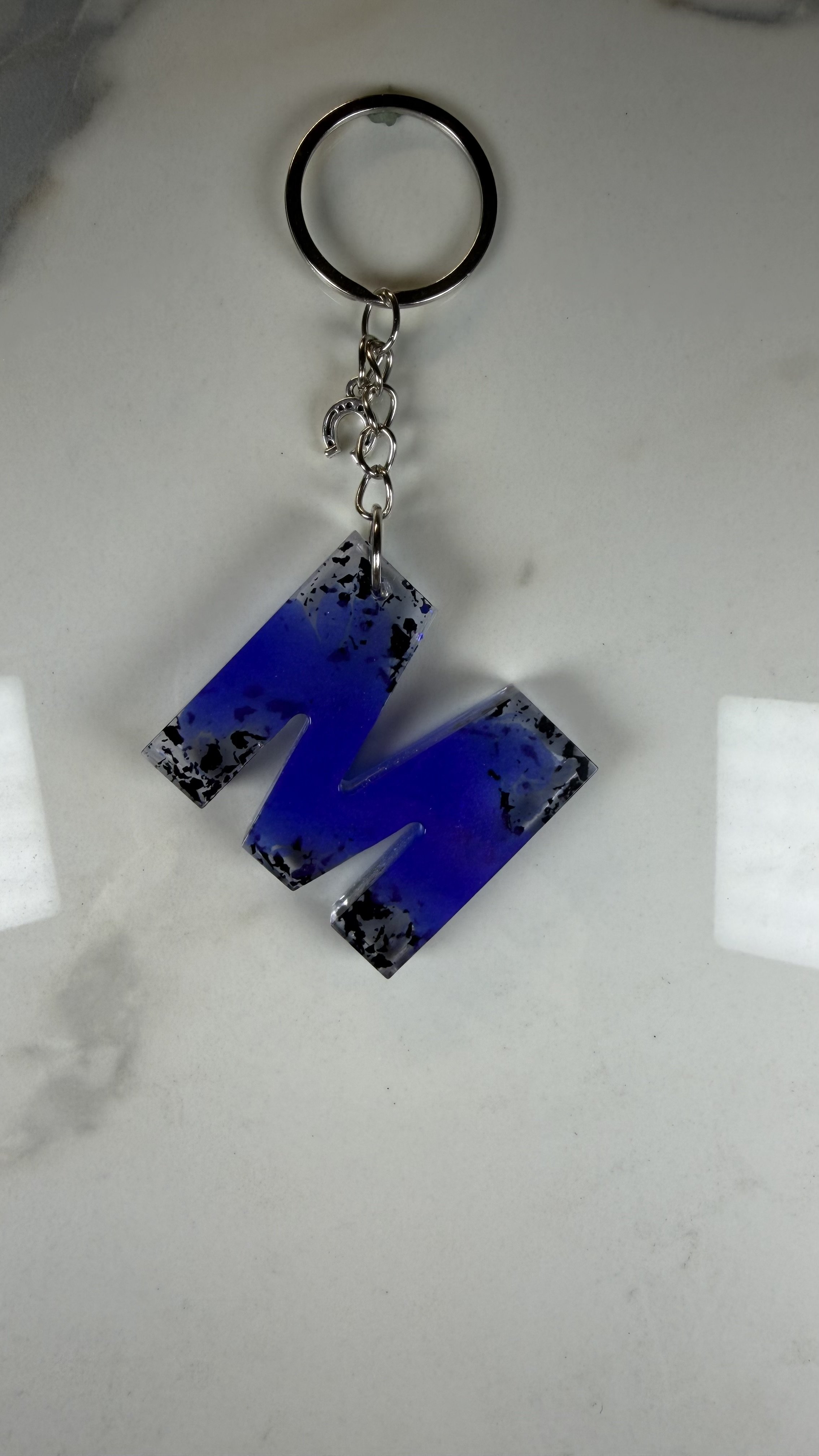 Blue Resin Letter 'M' Keychain with Silver Horseshoe Charm