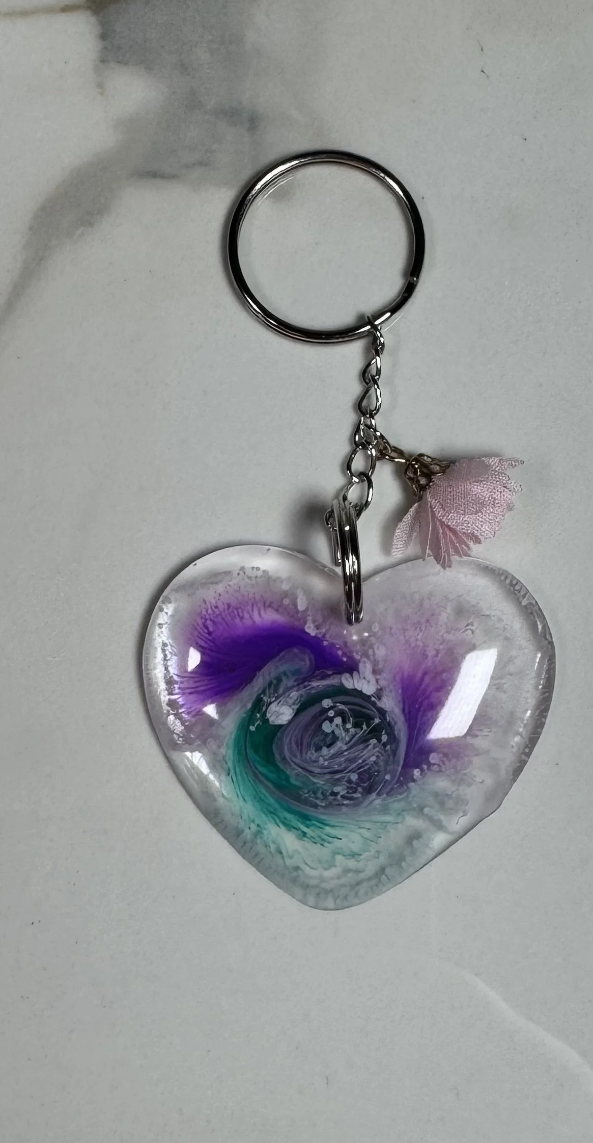 Resin Heart Keychain with Pink Flower Charm #211