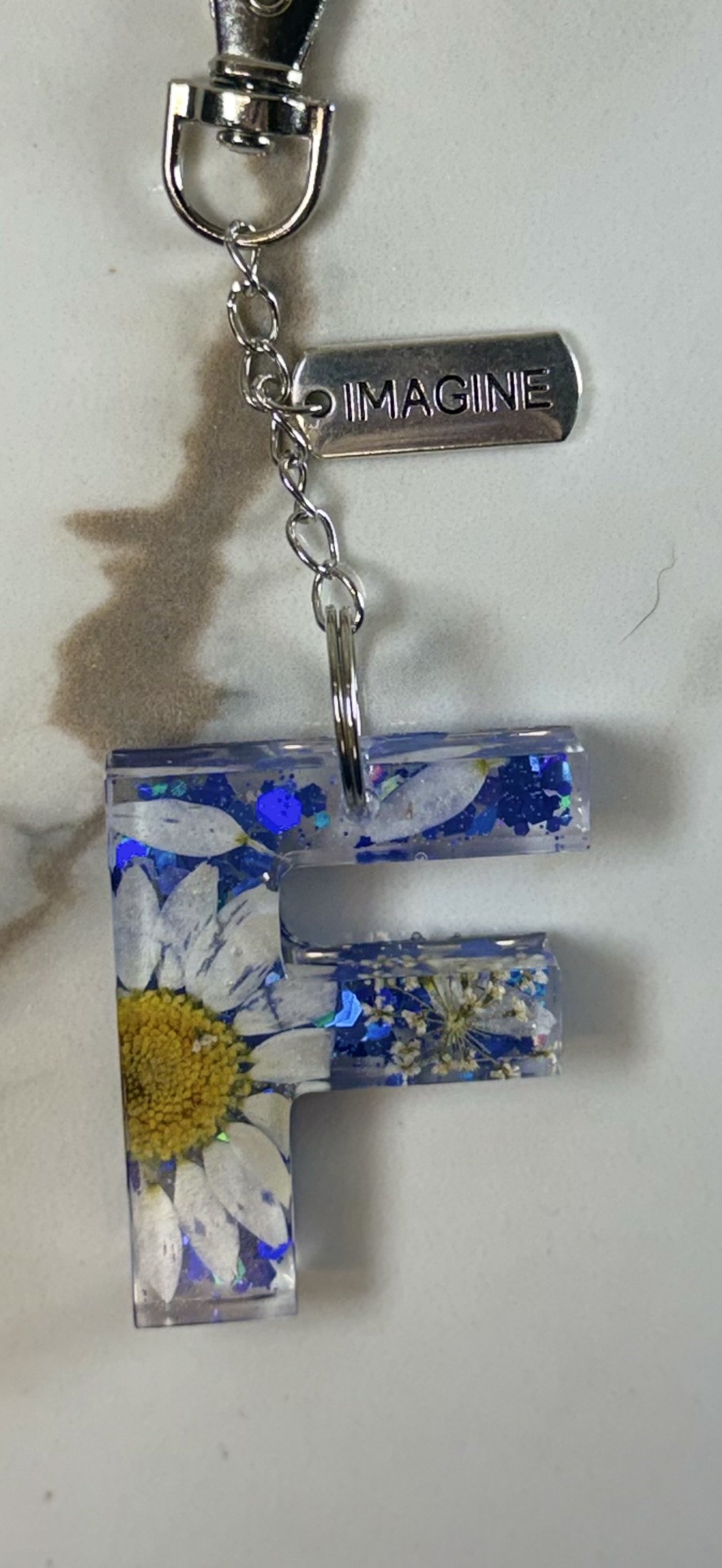Resin Letter 'F' Keychain with 'Imagine' Charm #19