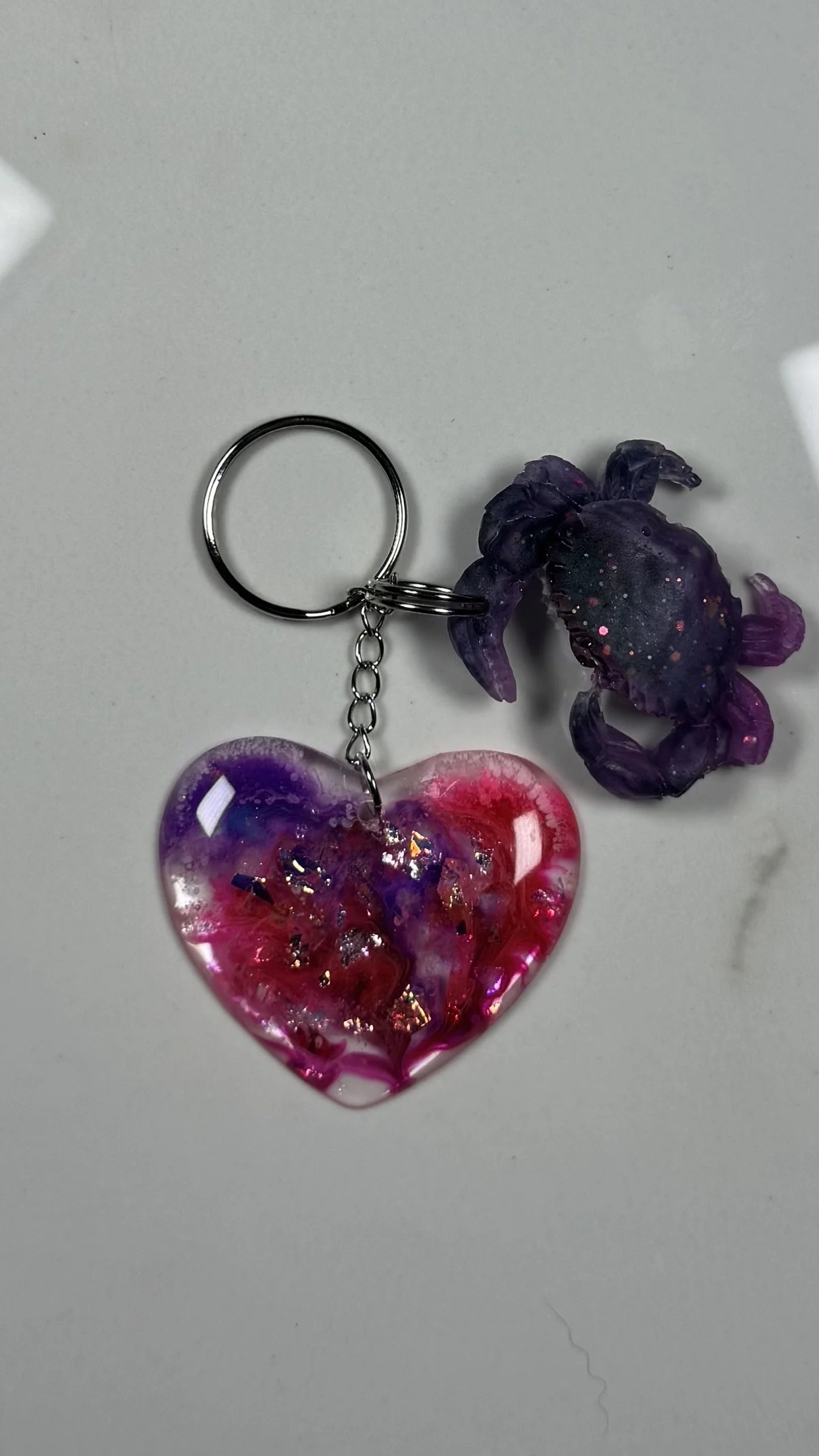 Handcrafted Resin Heart Keychain with Crab Charm #175
