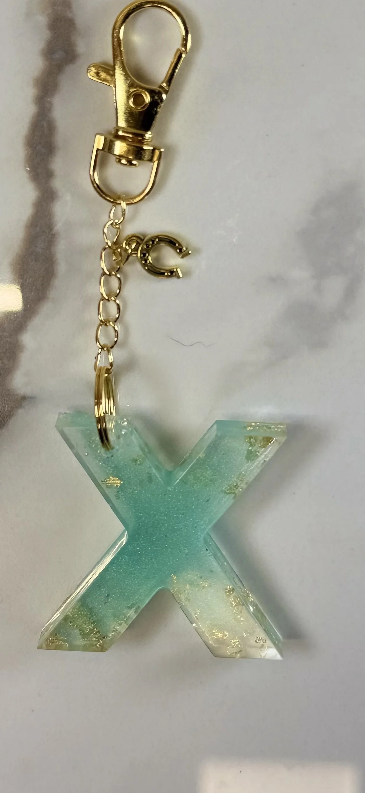 Teal & Gold Resin Letter X Key Chain #39