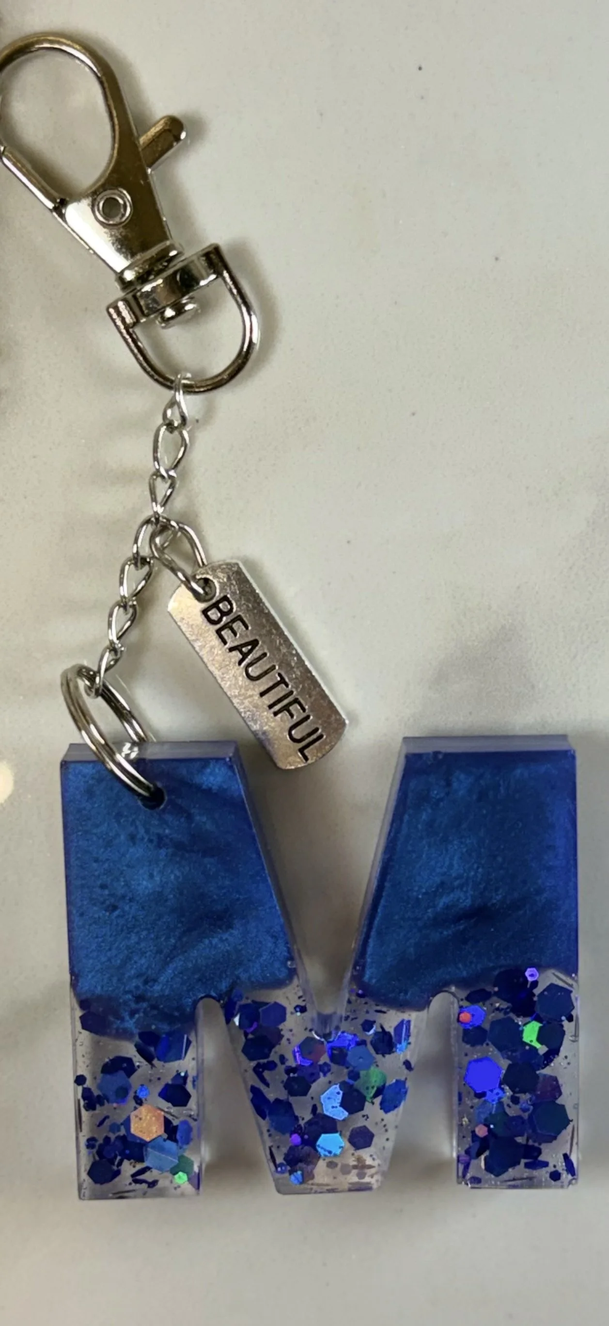 Blue Glitter Resin 'M' Keychain #38