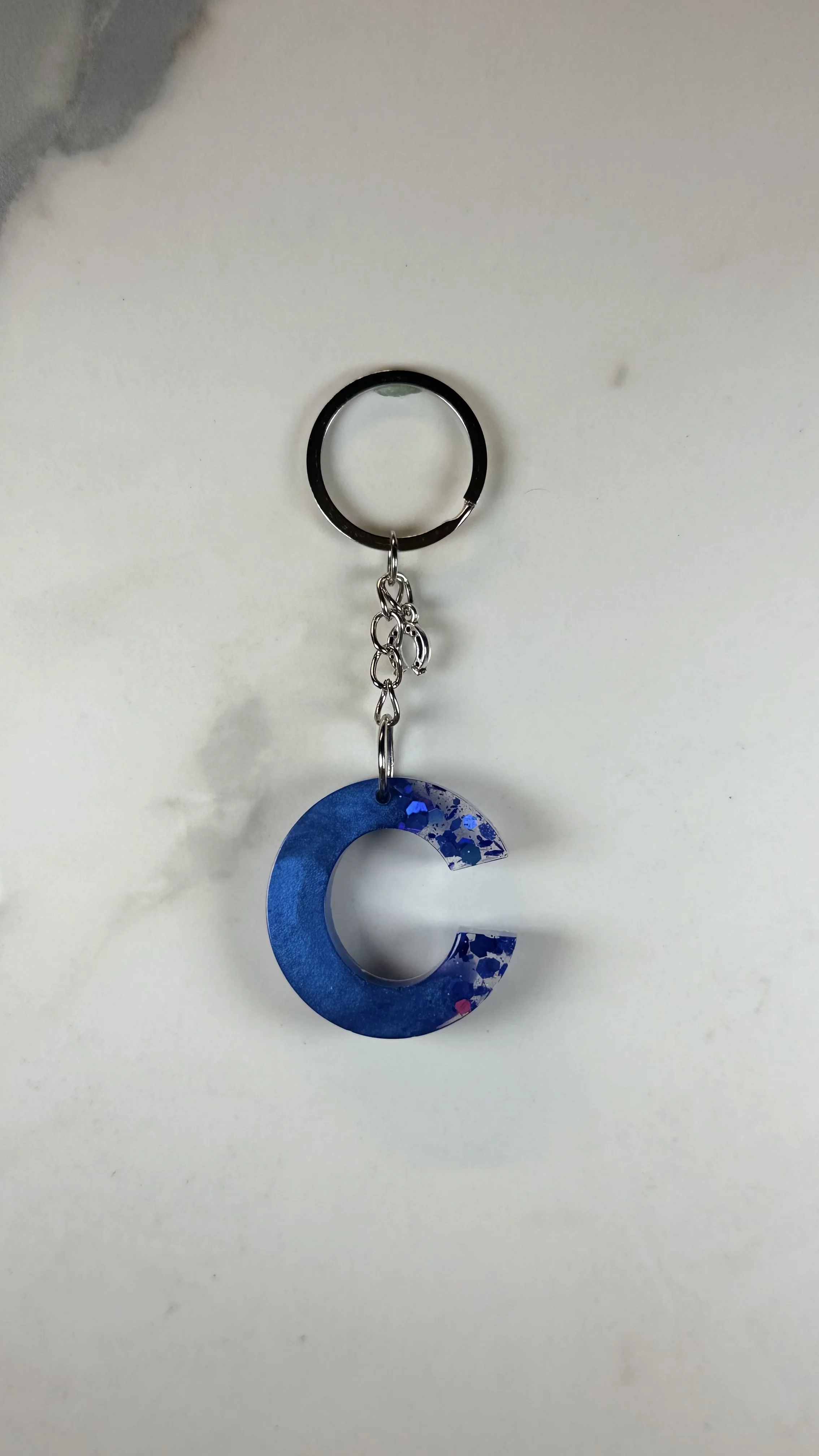 Blue Glitter Resin Letter C Keychain with Horseshoe Charm