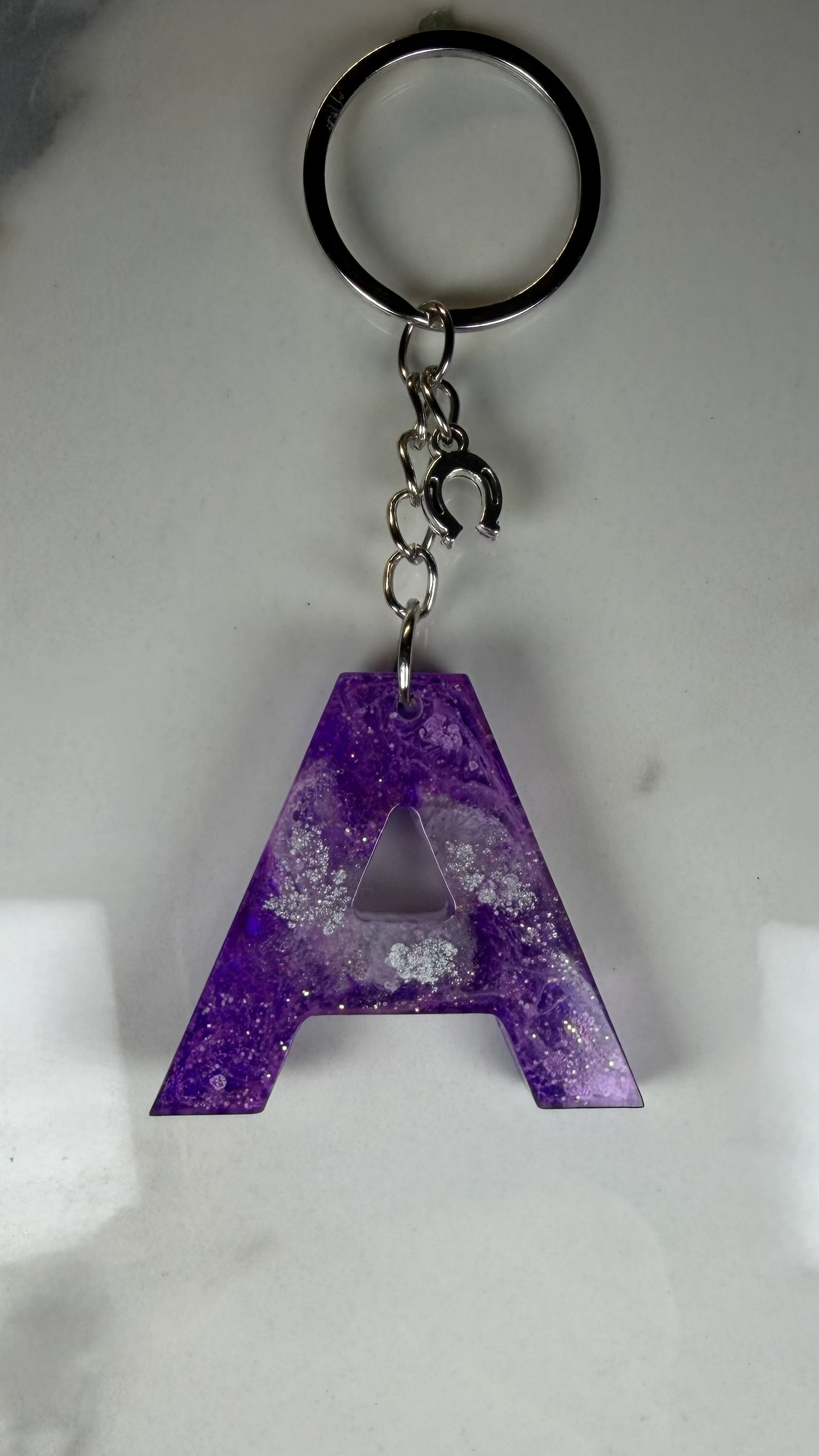 Purple Resin Letter "A" Keychain with Silver Horseshoe Charm