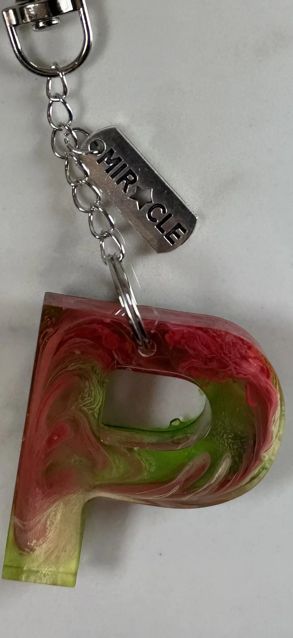 Resin Miracle 'P' Keychain - Green & Red Swirl #30