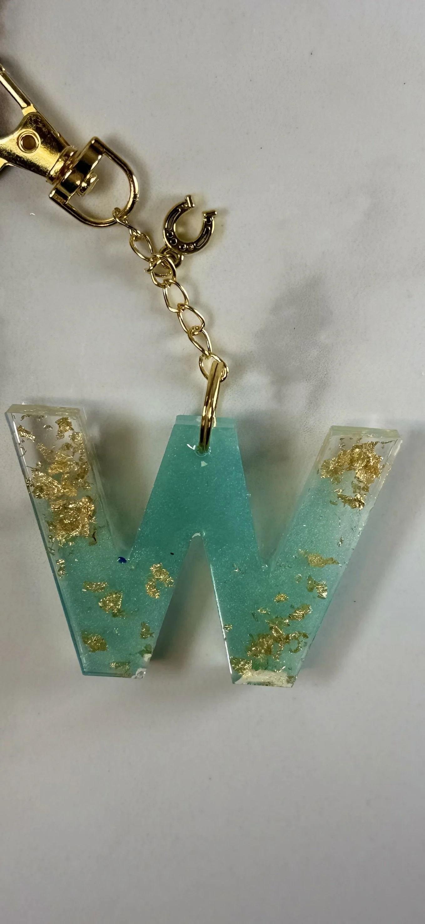 Teal Resin Letter 'W' Keychain with Gold Accents #43