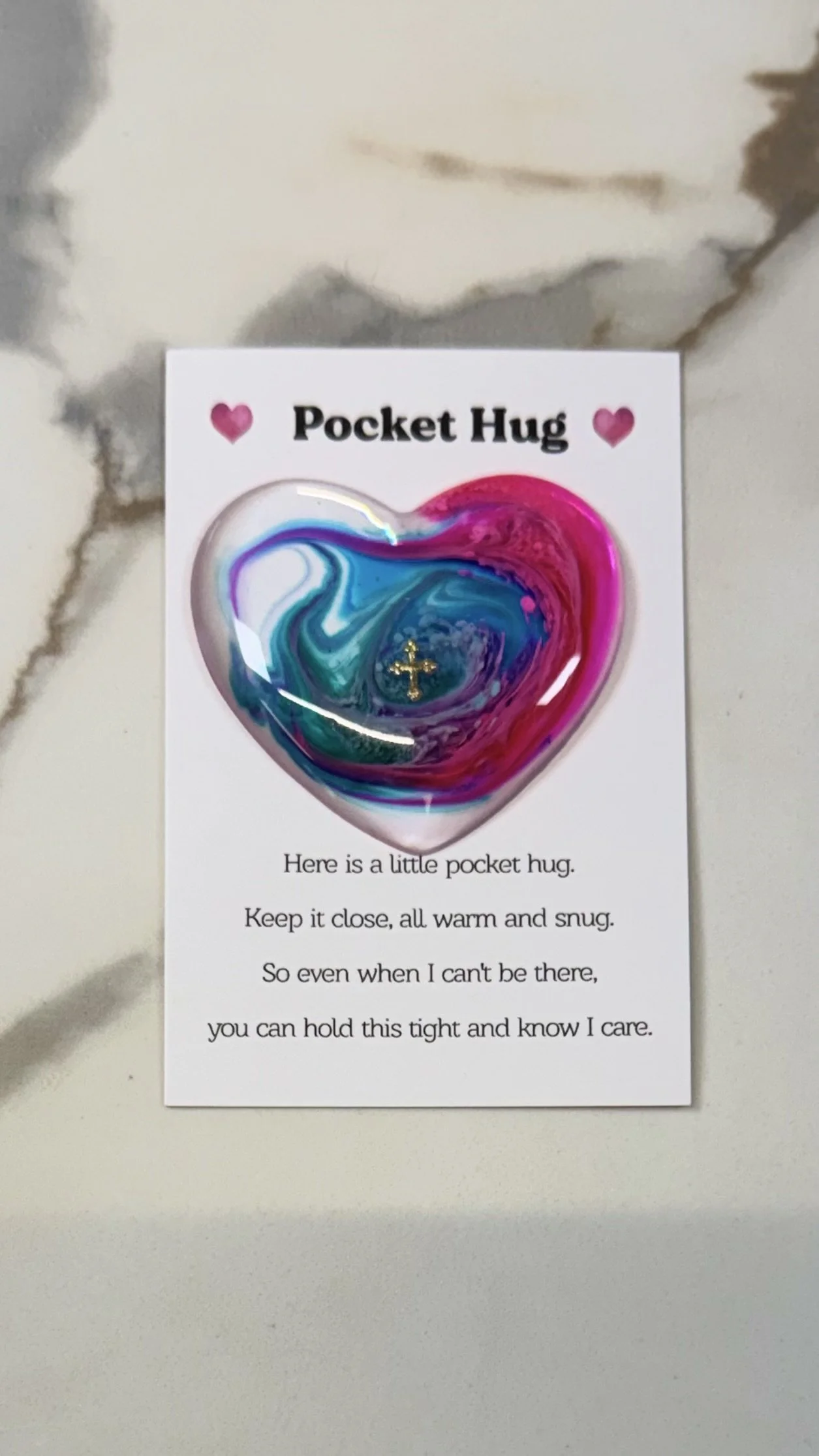 Heartfelt Resin Pocket Hug with Gold Cross Charm #569