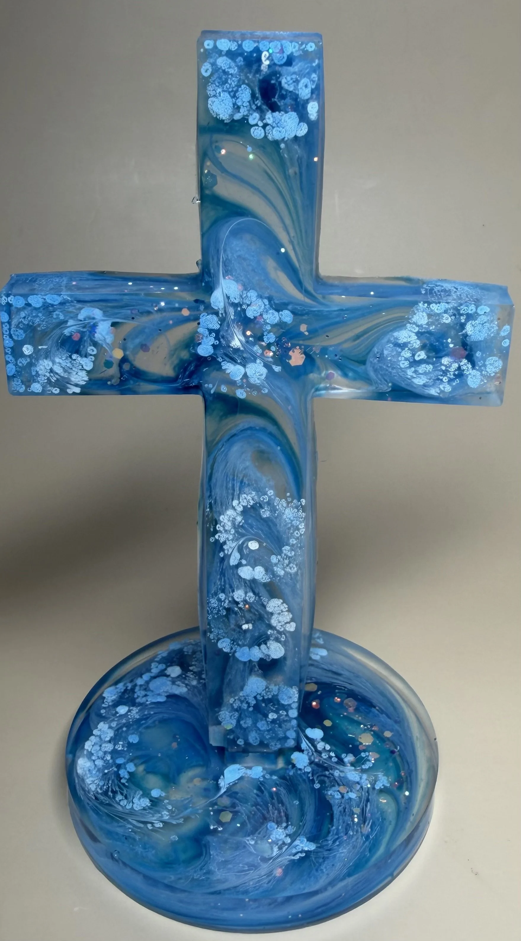 Resin Cross with Stand - Blue & Clear with White Swirls