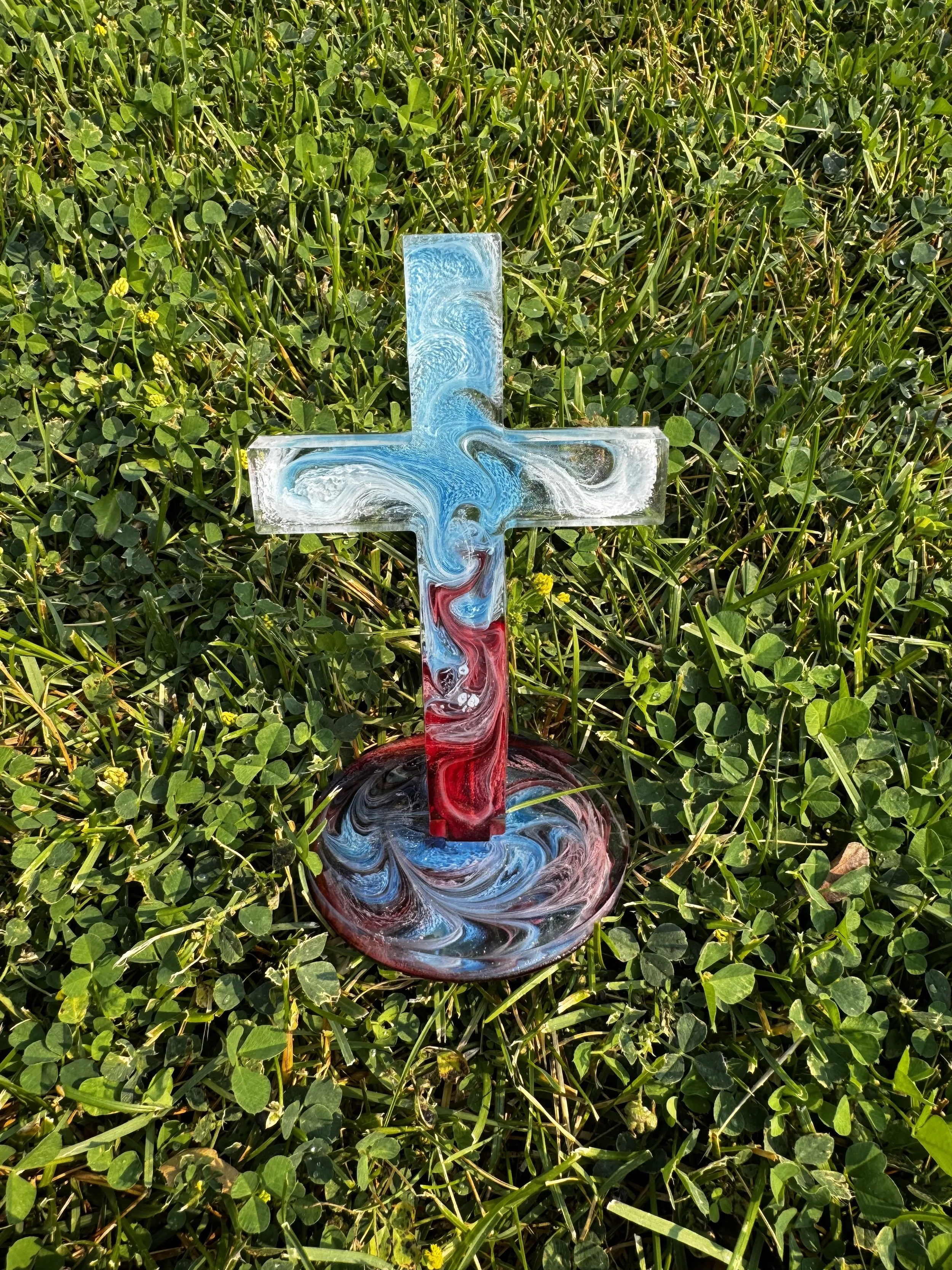 Patriotic and Clear Swirl Resin Cross with Stand #155