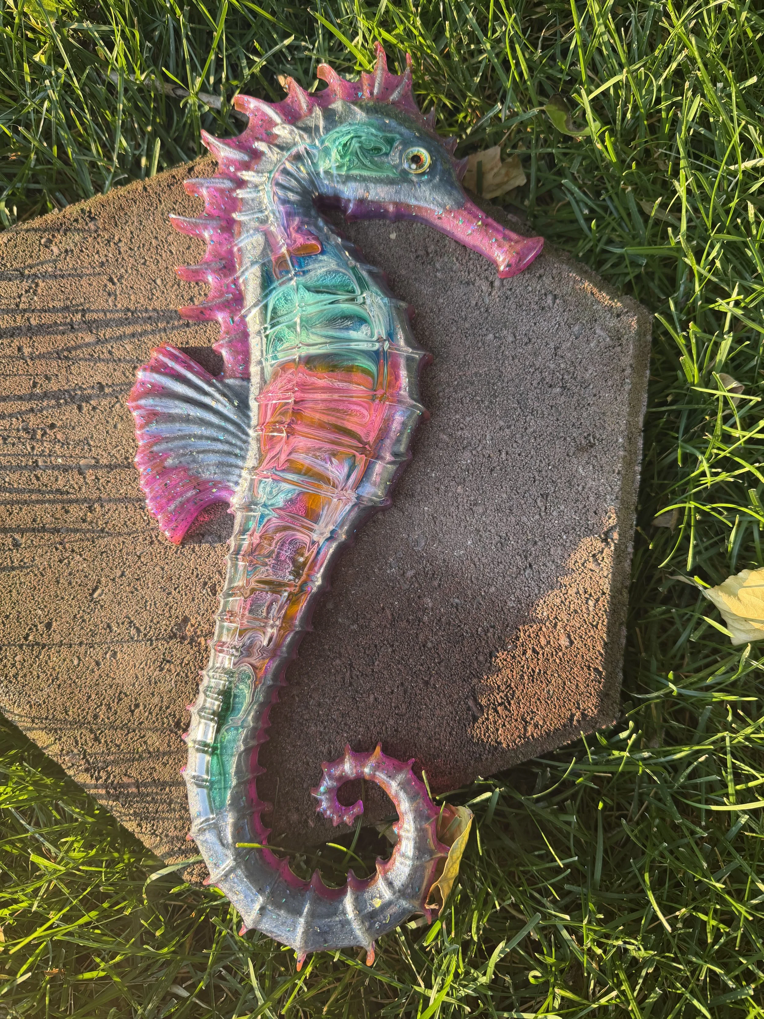 Sparkling Pink & Rainbow Resin Seahorse Wall Art #146