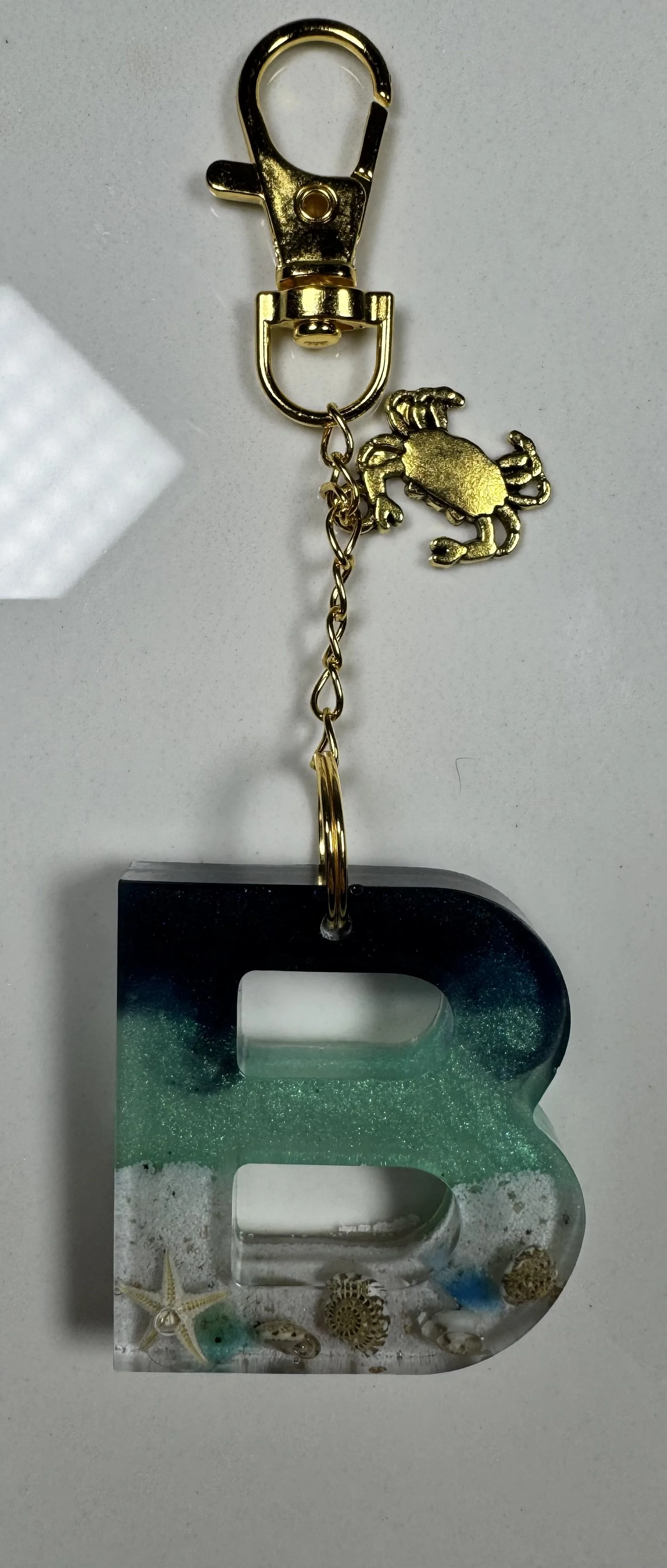 Ocean-Themed Resin Letter B Keychain with Gold Crab Charm #226