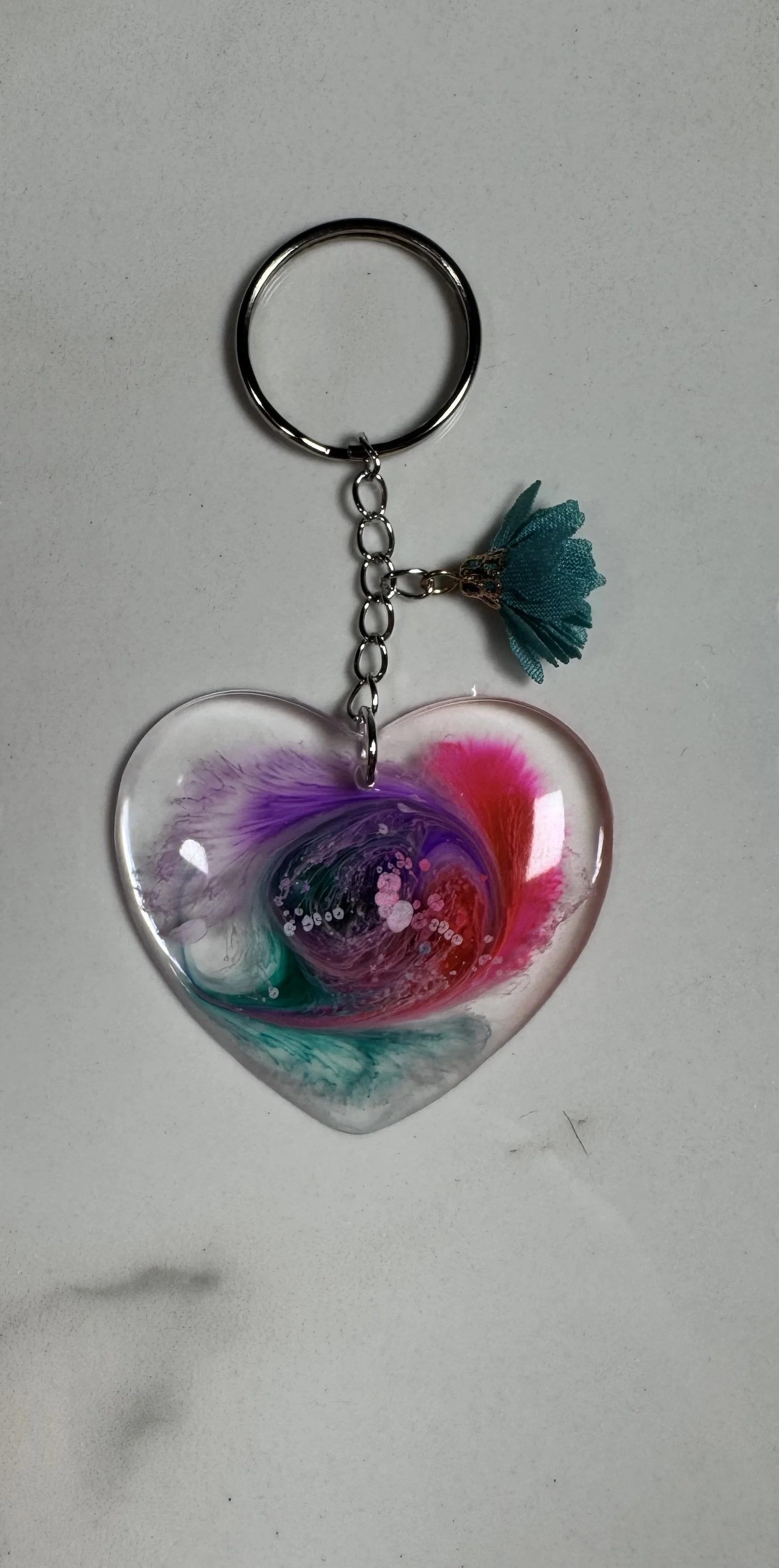 Teal Swirl Heart Keychain with Flower Charm #242
