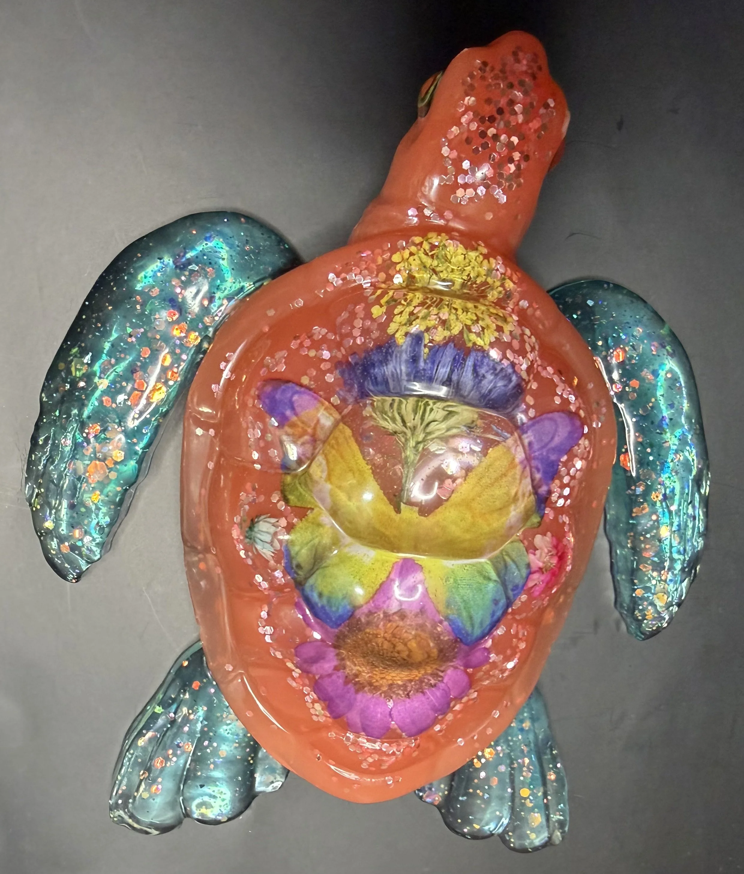 Glitter Turtle Resin Figurine with Floral Design
