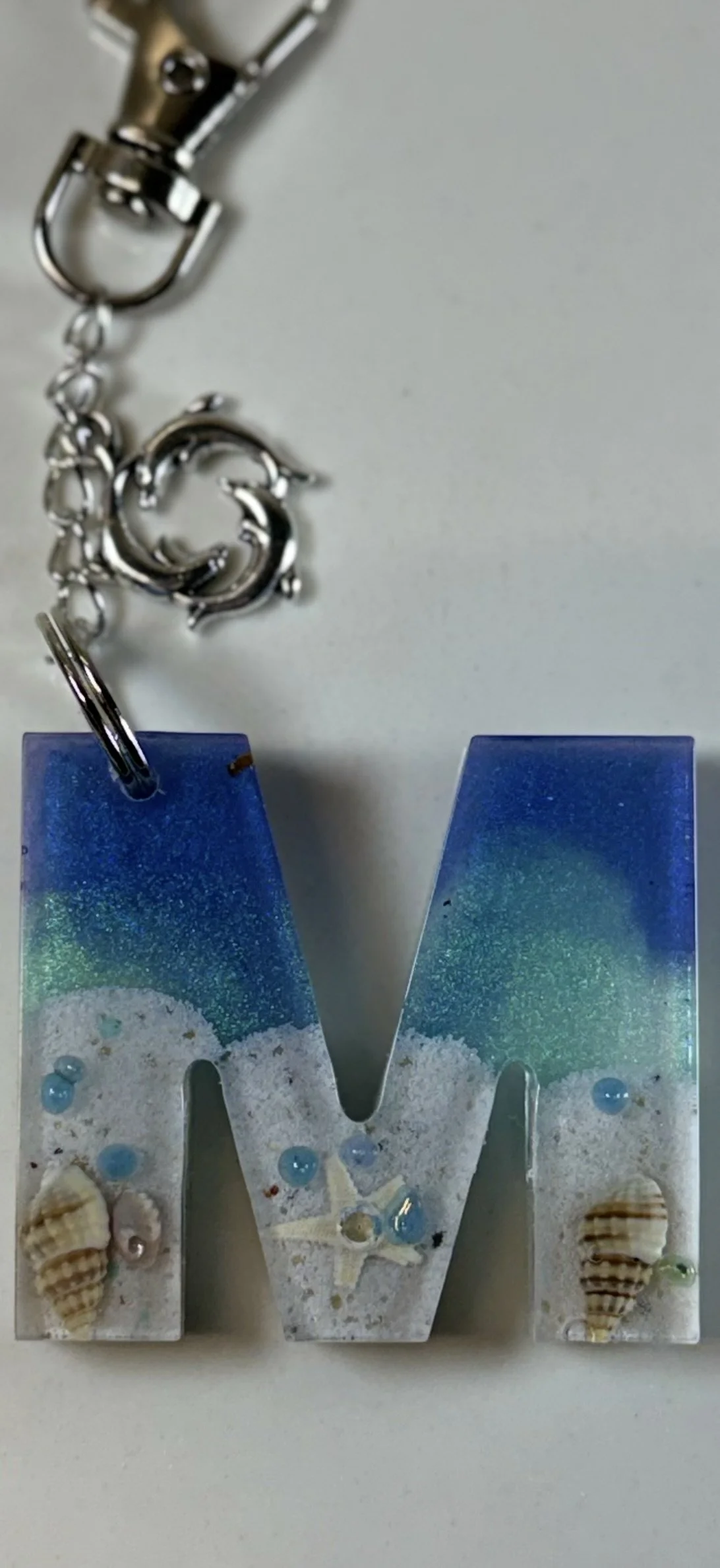 Ocean Breeze Resin Letter M Keychain with Dolphin Charm #87