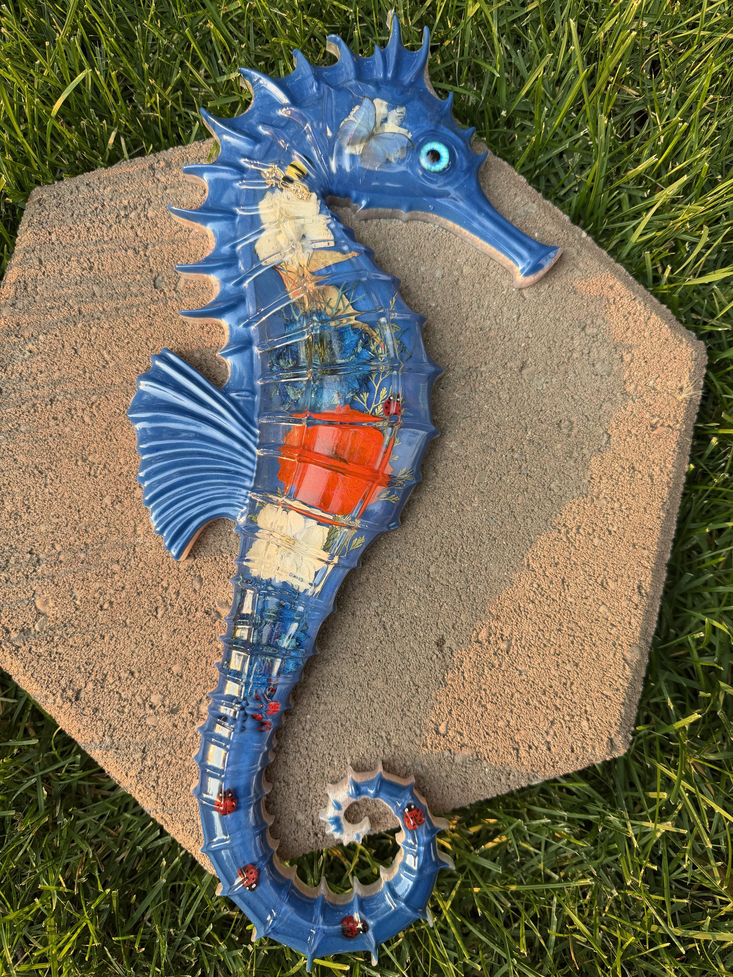 Resin Seahorse with Floral and Insect Accents #120