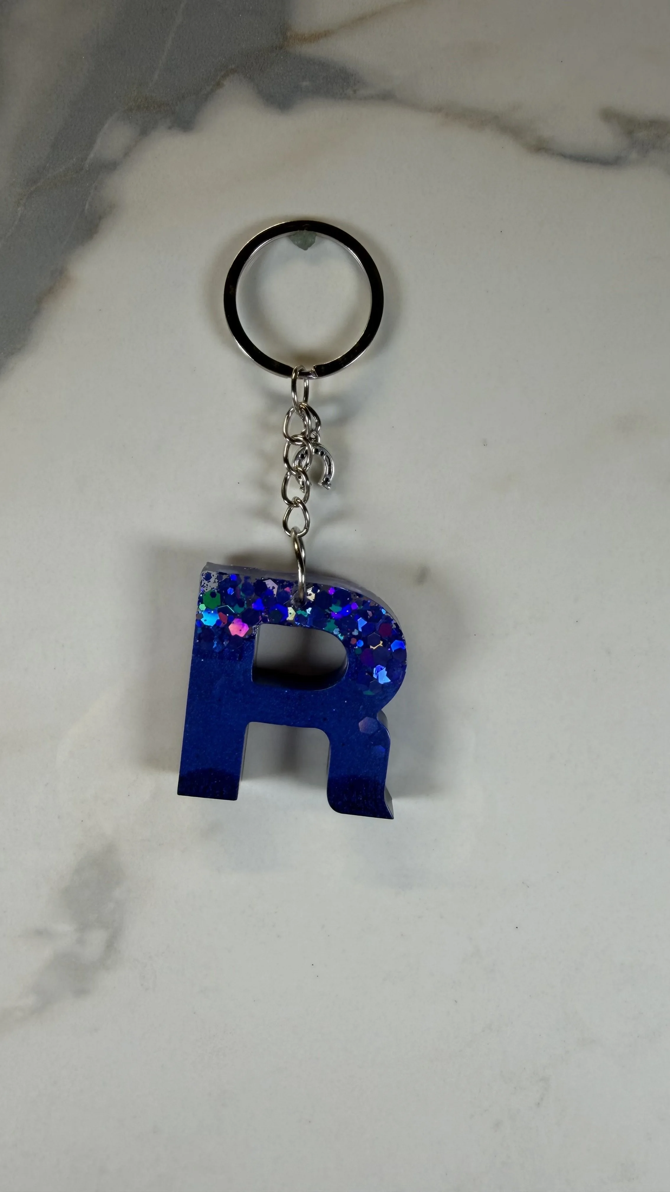 Blue Glitter Resin Letter 'R' Keychain with Charm