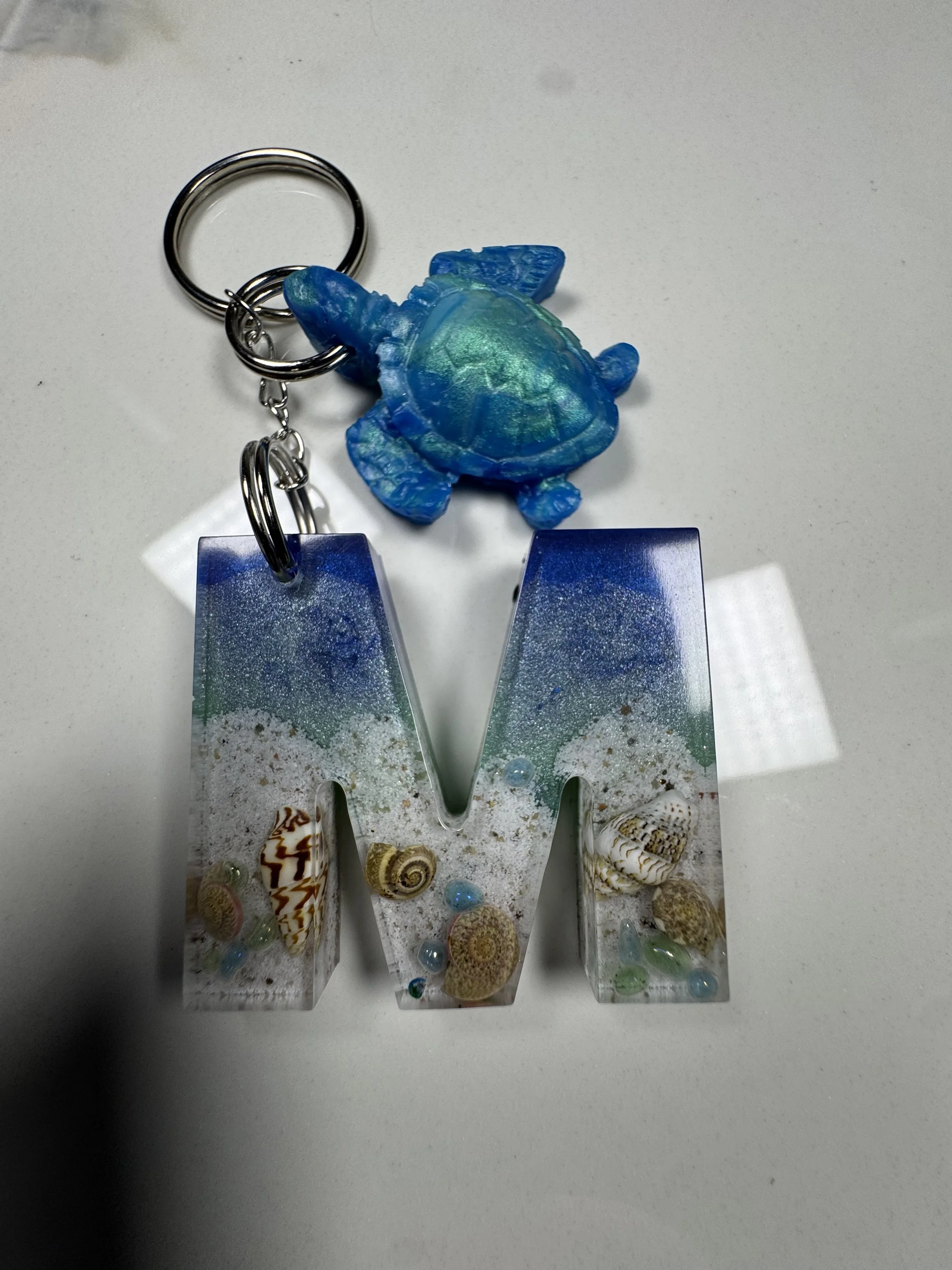 Ocean-Themed Resin Letter M Keychain with Turtle Charm #73