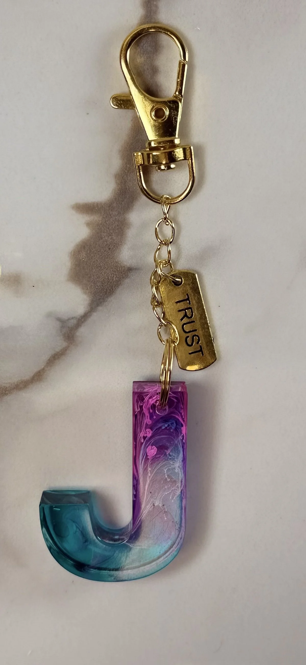 Resin 'J' Keychain with Gold Trust Charm #26