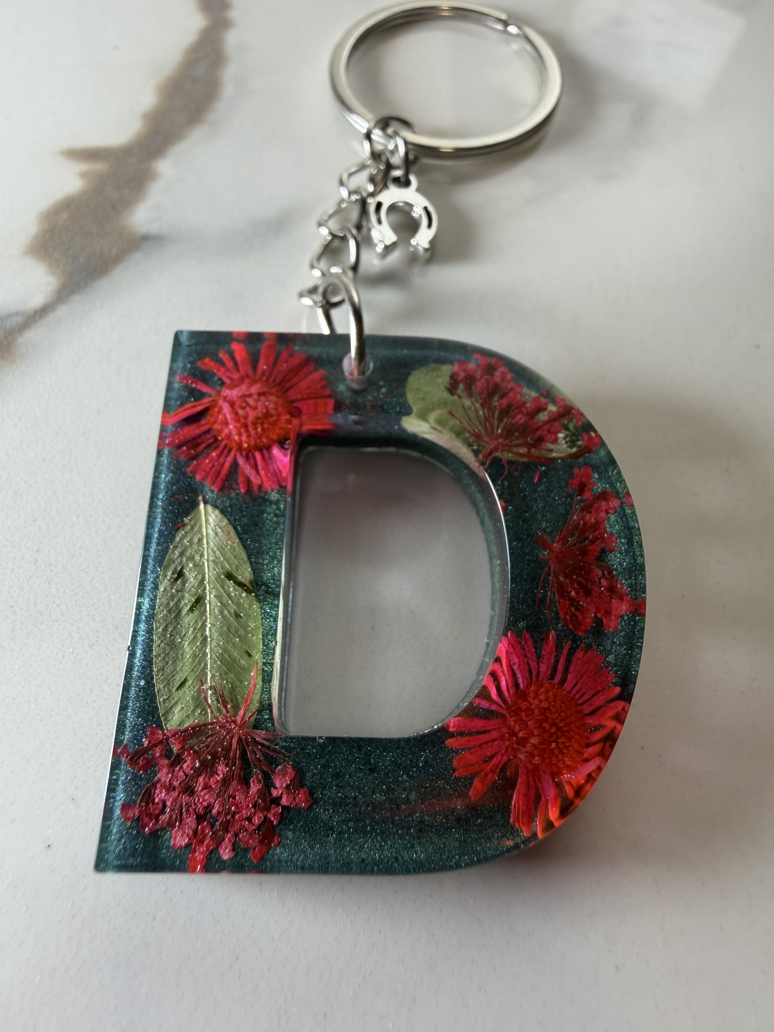 Turquoise Resin Letter 'D' Keychain with Horseshoe Charm