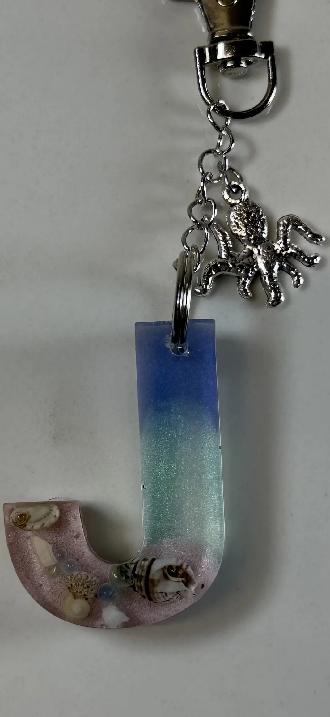Ocean-Themed Resin Letter J Keychain with Octopus Charm #68