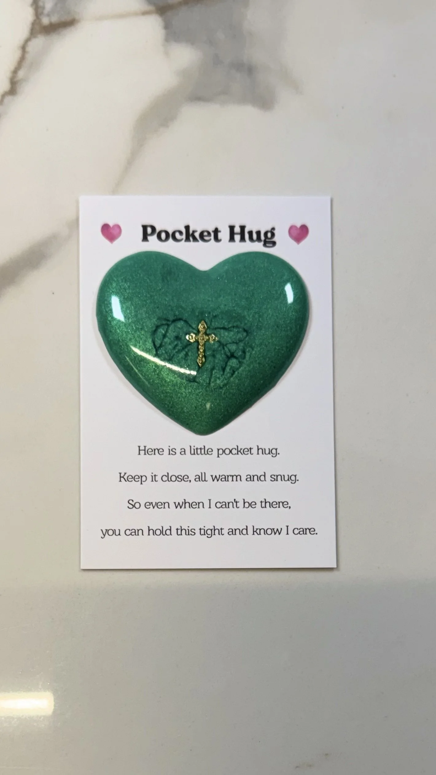 Sparkly Green Resin Pocket Hug with Gold Cross #549