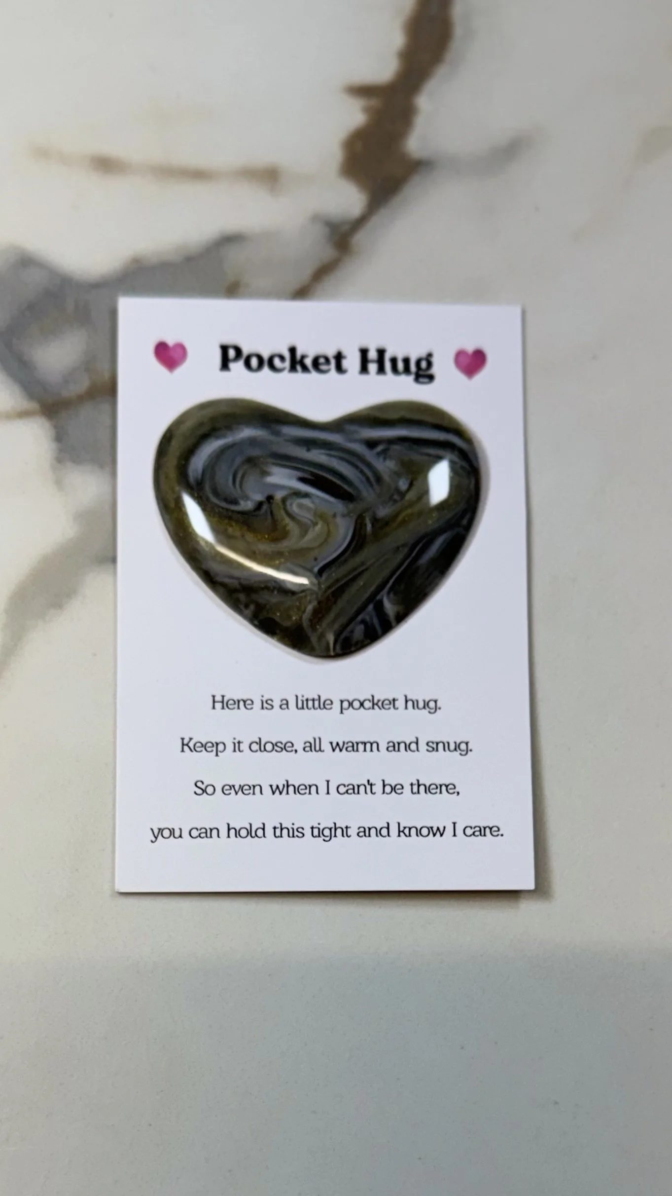 Resin Yellow, Black, White Heart Pocket Hug with Quote Card #534