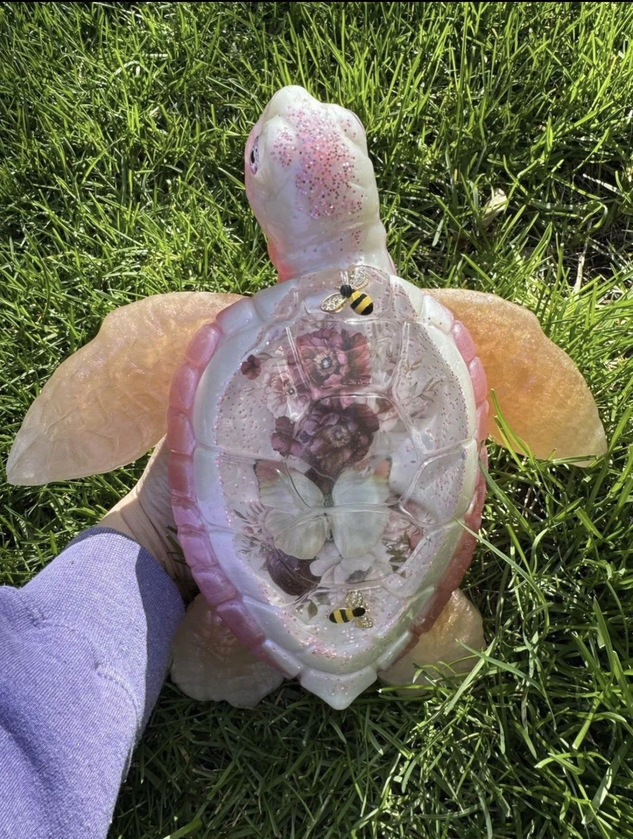 Pink Resin Turtle Decor with Flowers & Bees