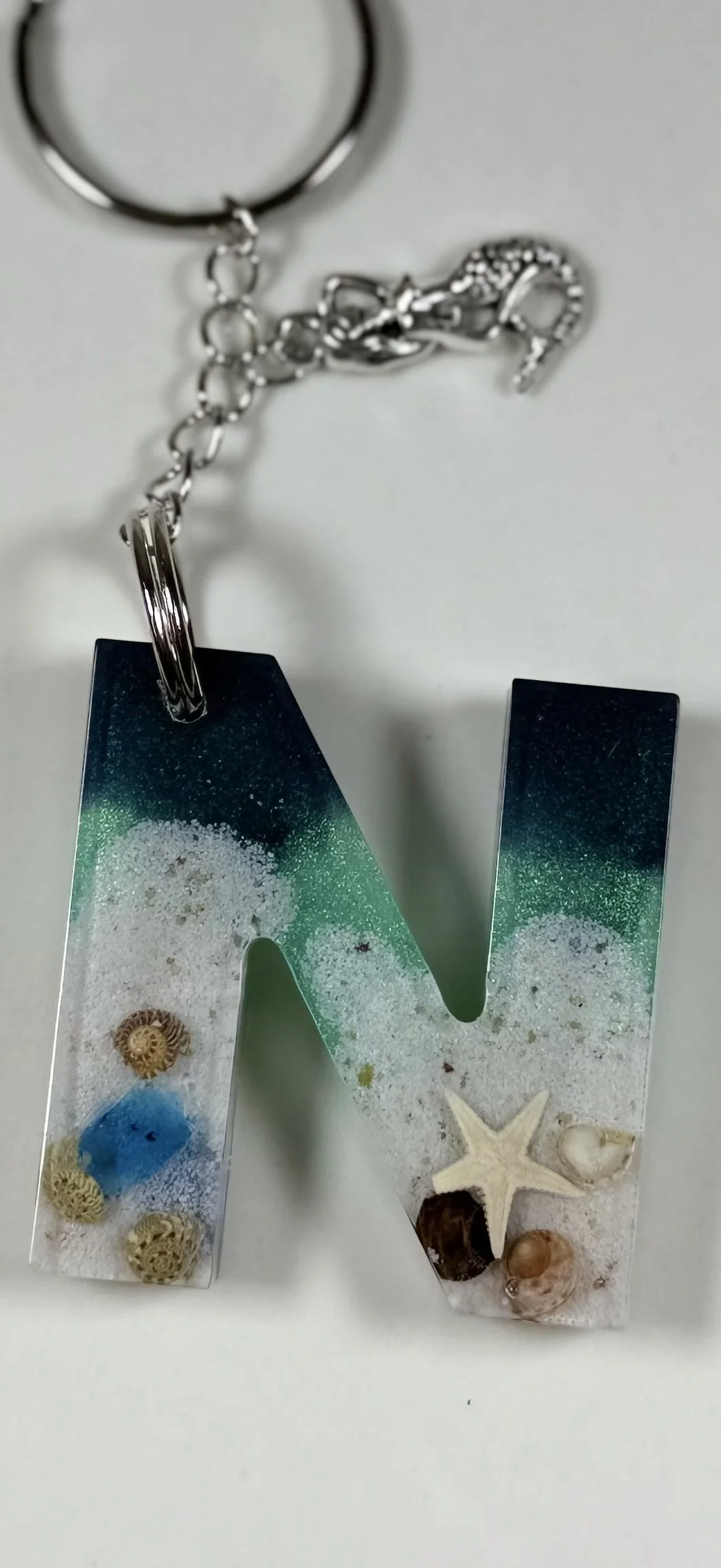 Ocean-Themed Resin Letter 'N' Keychain with Mermaid Charm #189