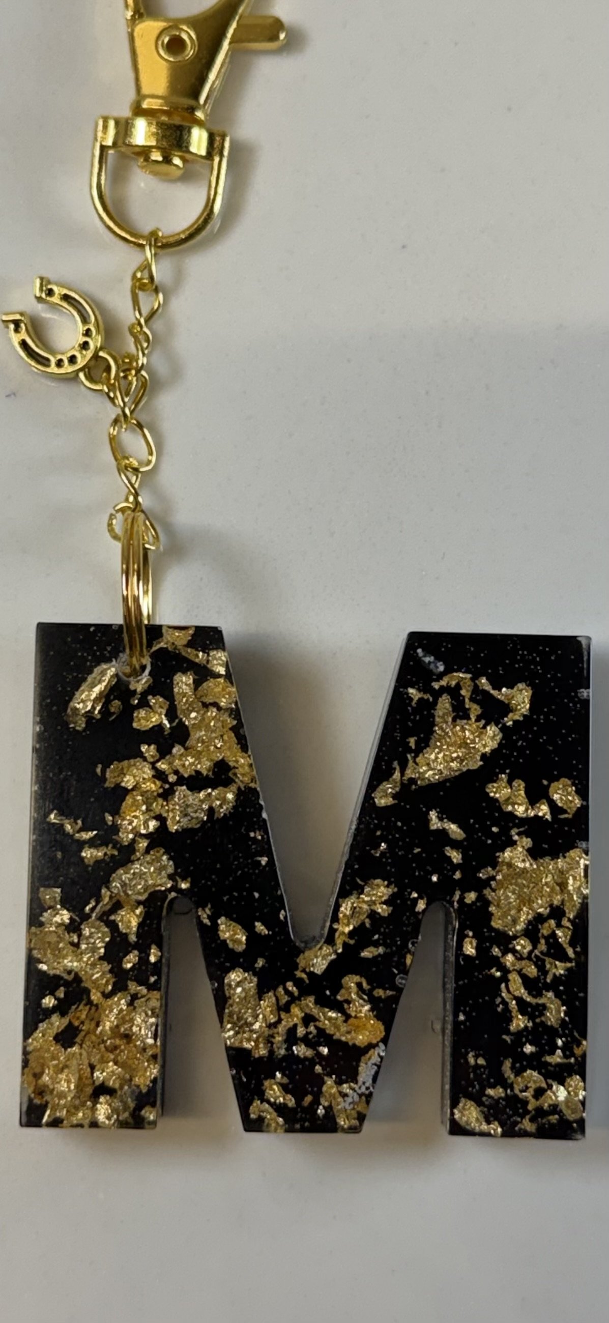 Handcrafted Black & Gold Resin Letter M Keychain #74