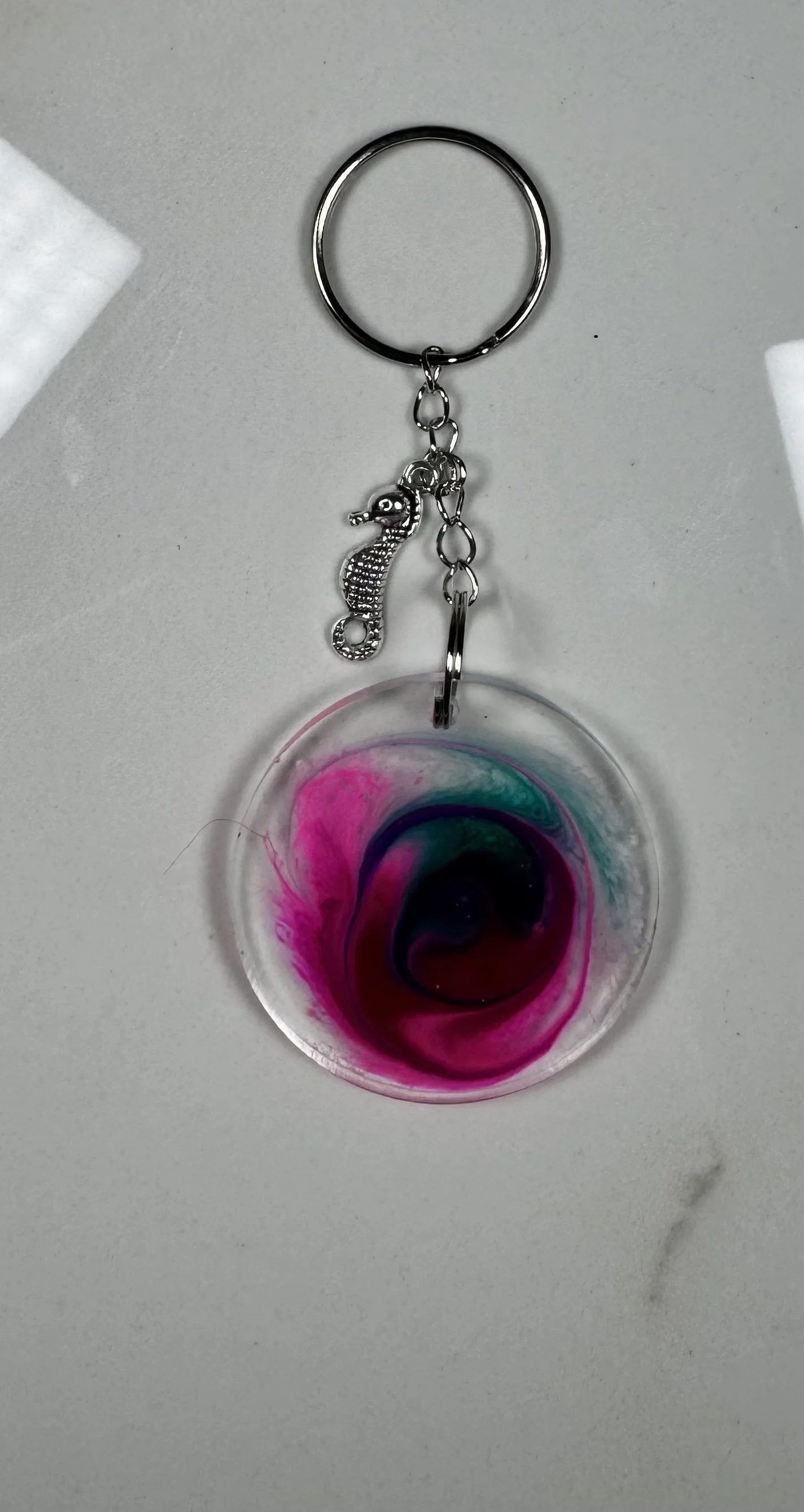 Oceanic Swirl Resin Keychain with Seahorse Charm #291