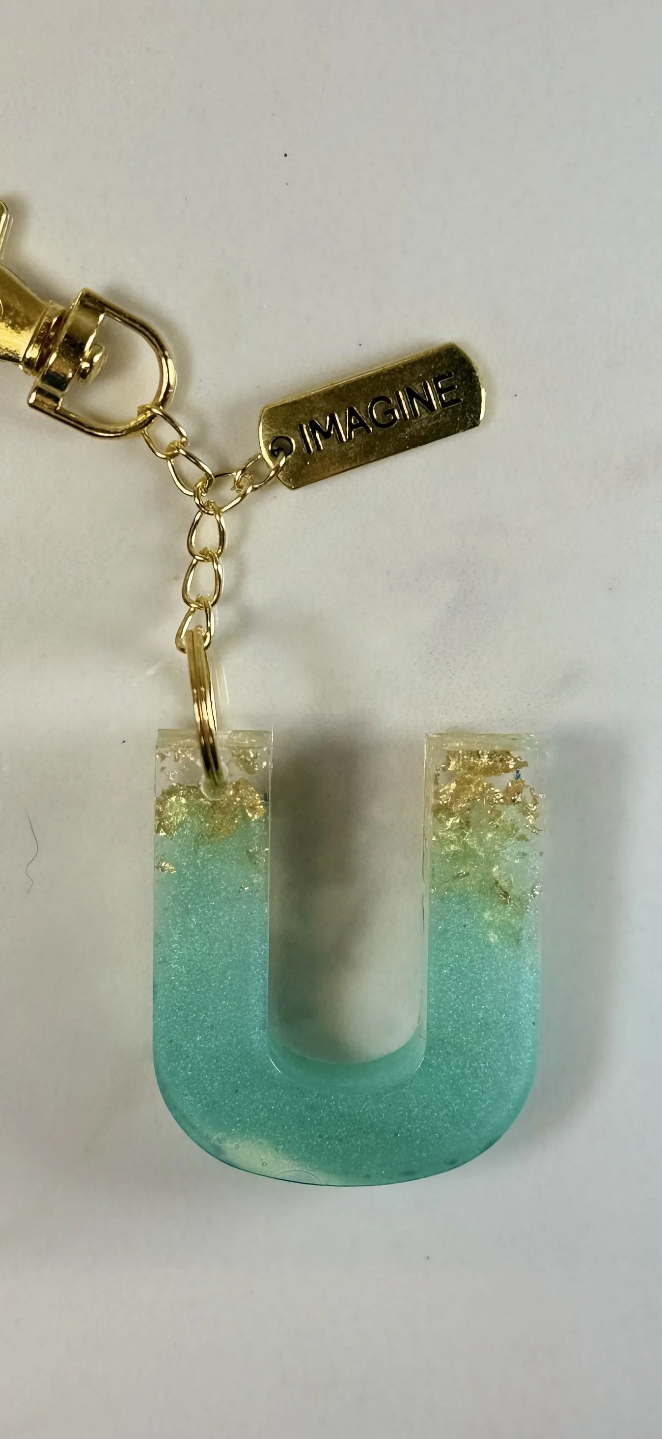 Teal and Gold Resin Letter U Keychain #41