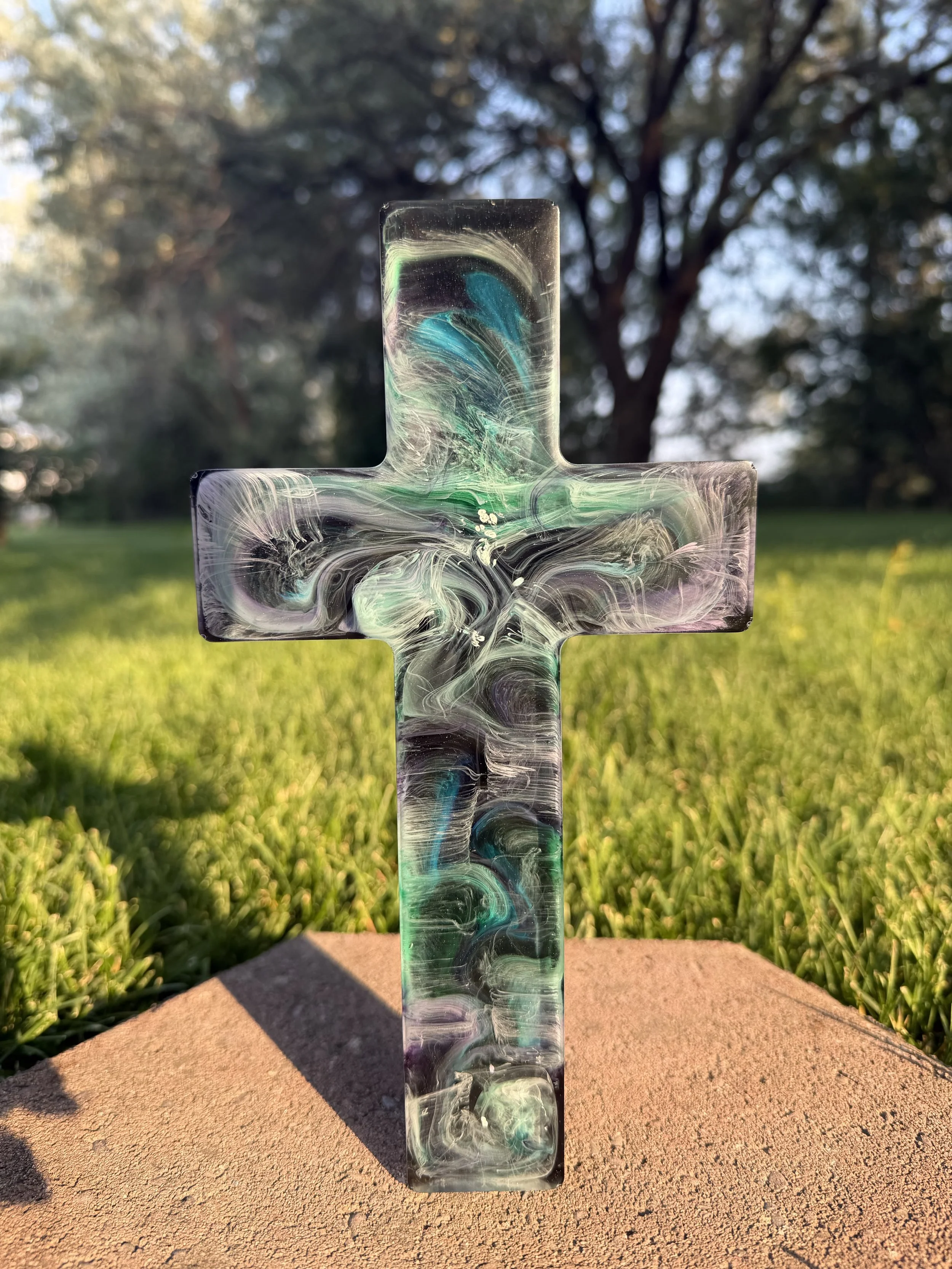 Standing Resin Cross - Black, Teal & Purple Swirl #140