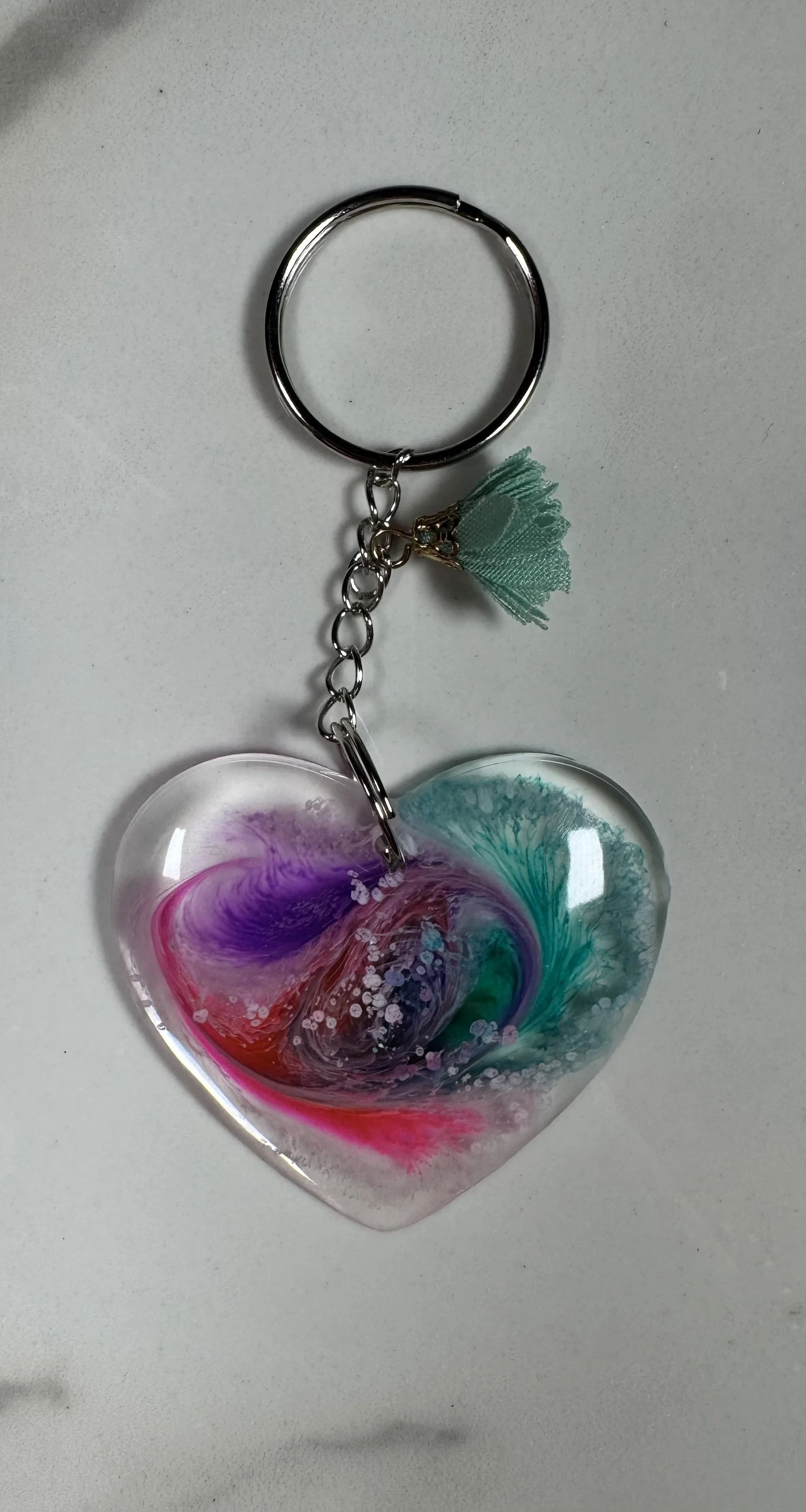 Teal Floral Swirl Resin Heart Keychain #251
