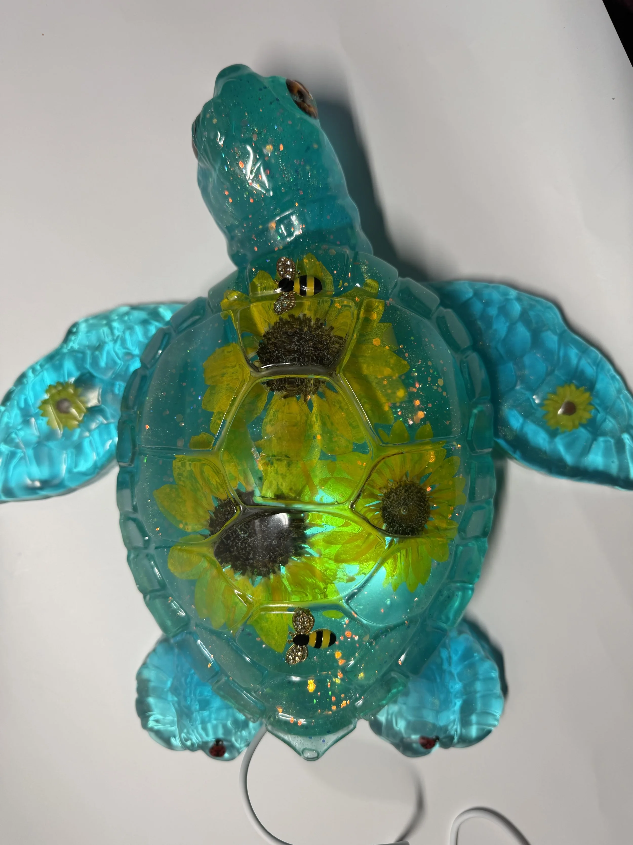 Sparkling Blue Resin Turtle Lamp With Bee Charms & Ladybugs