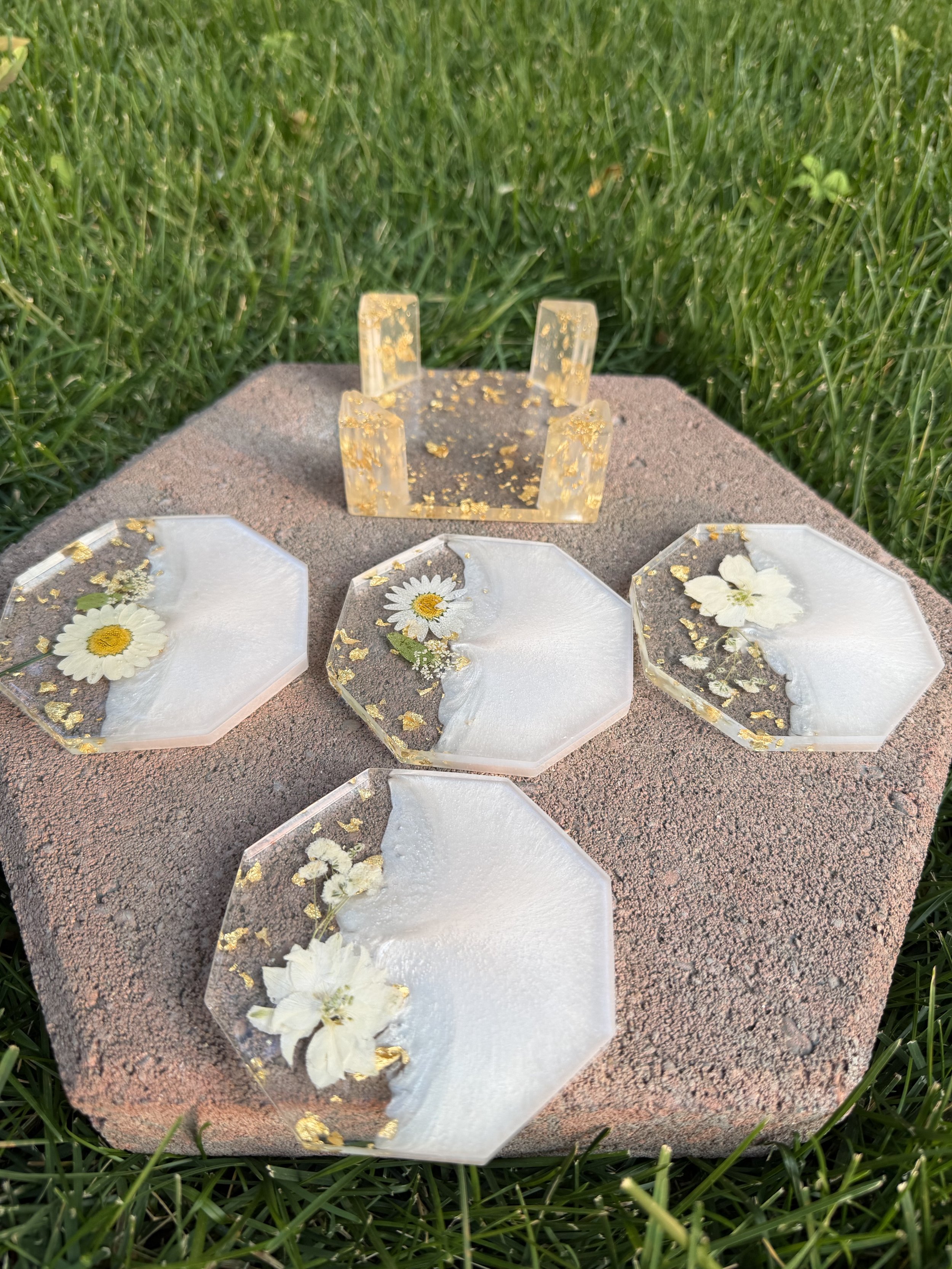 Gold Flake & Floral Resin Coaster Set #176