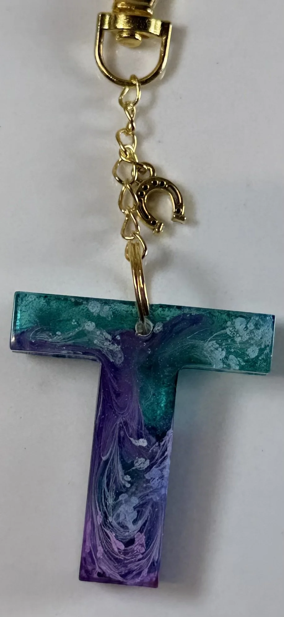 Teal & Purple Swirl Resin Letter T Keychain #82