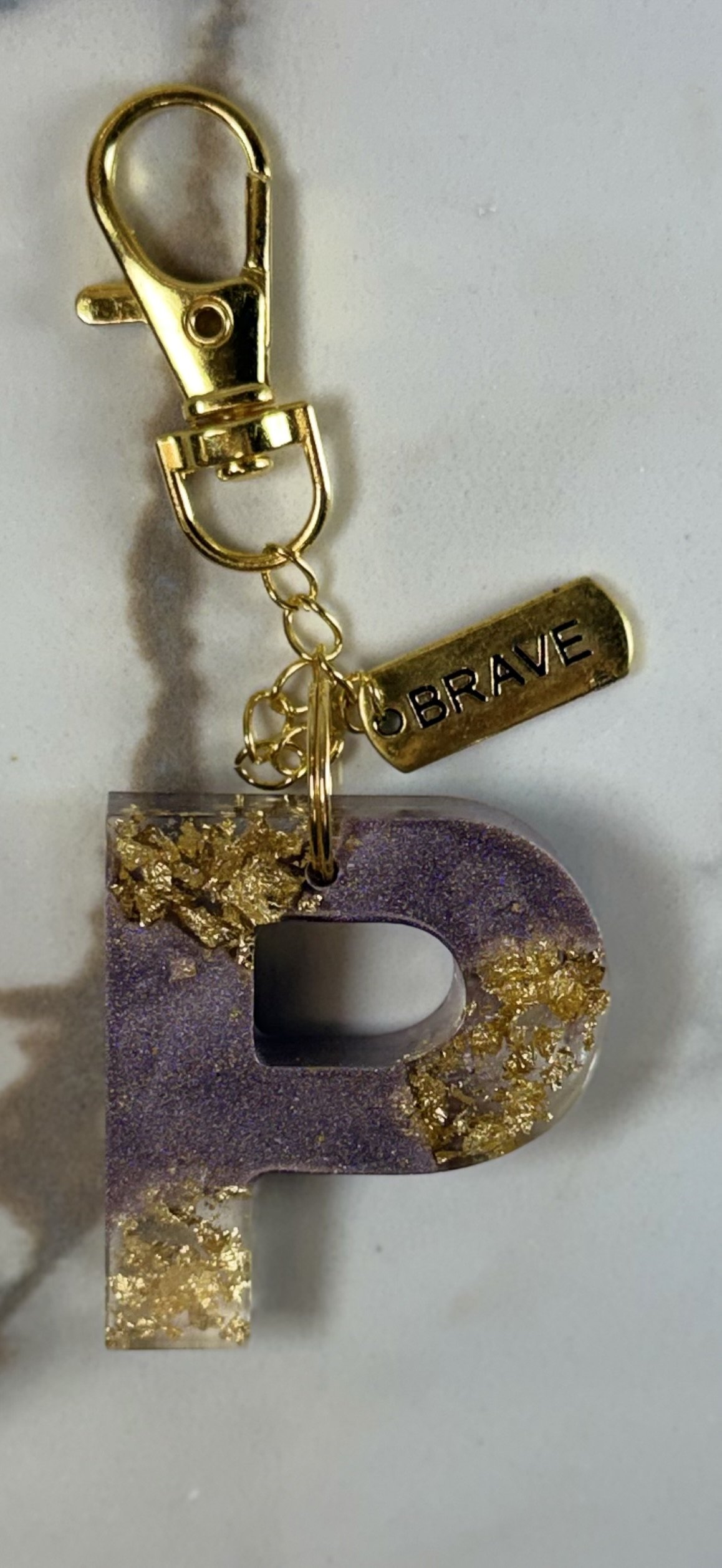 Purple & Gold 'Brave' Resin Letter P Keychain #18