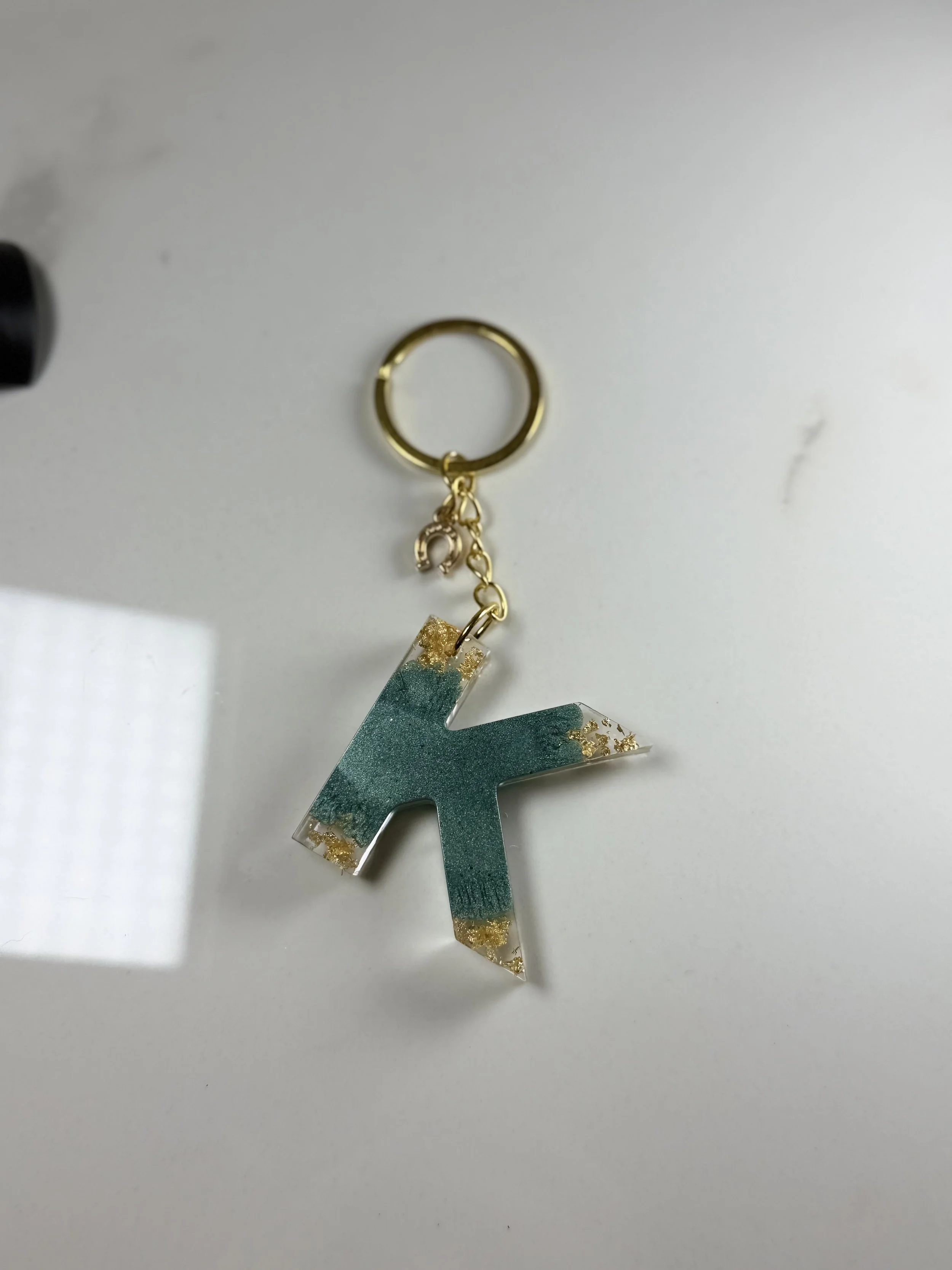 Turquoise Resin Letter 'K' Keychain with Gold Horseshoe Charm #76