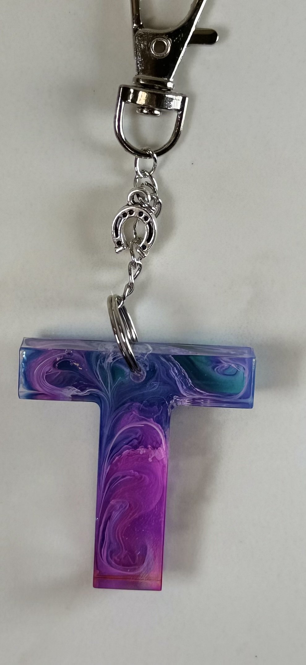 Resin Letter T Keychain with Silver Horseshoe Charm #97