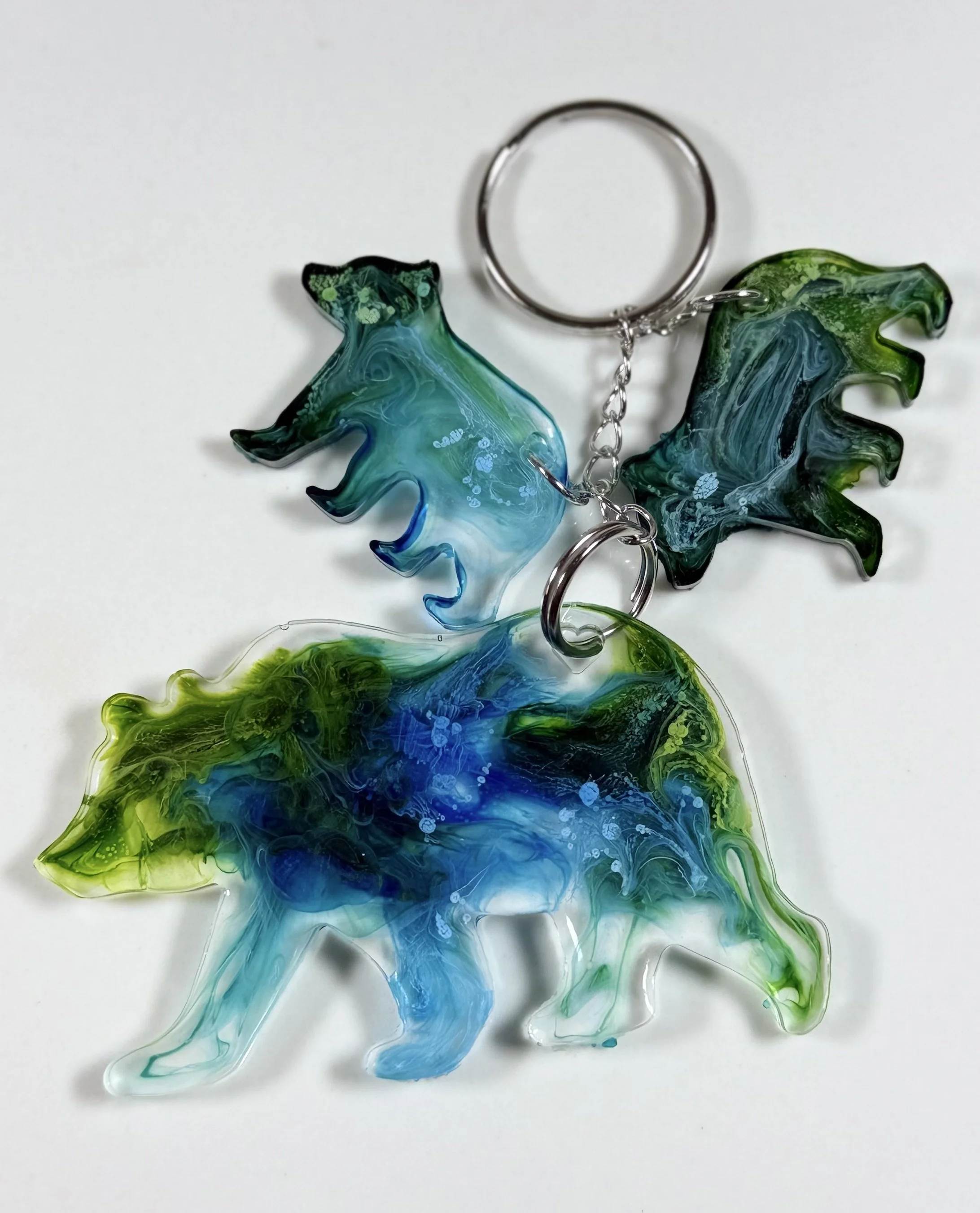 Blue-Green Mamma Bear and Cubs Handmade Keychain Set #50