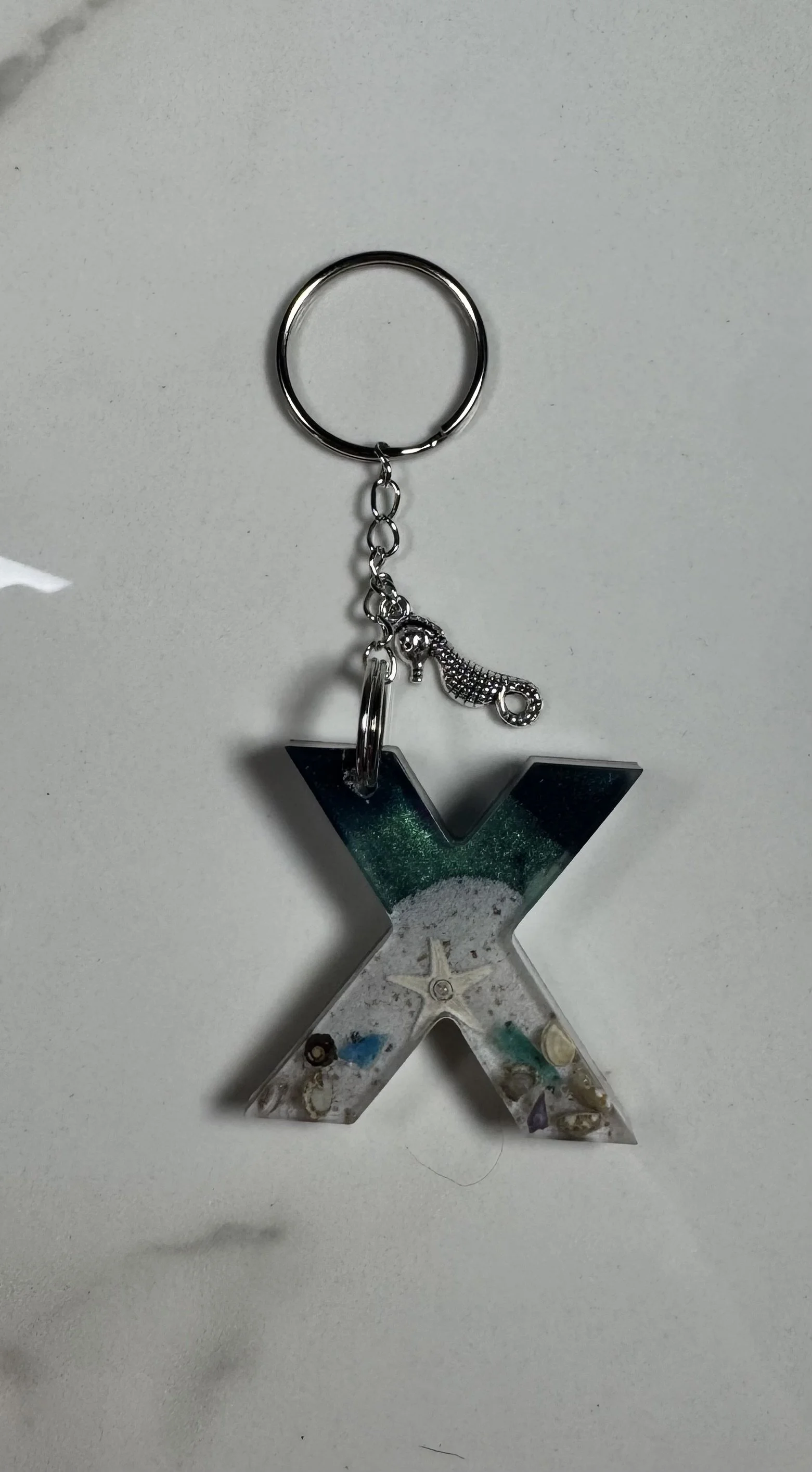 Ocean-Themed Resin Letter 'X' Keychain with Seahorse Charm #254