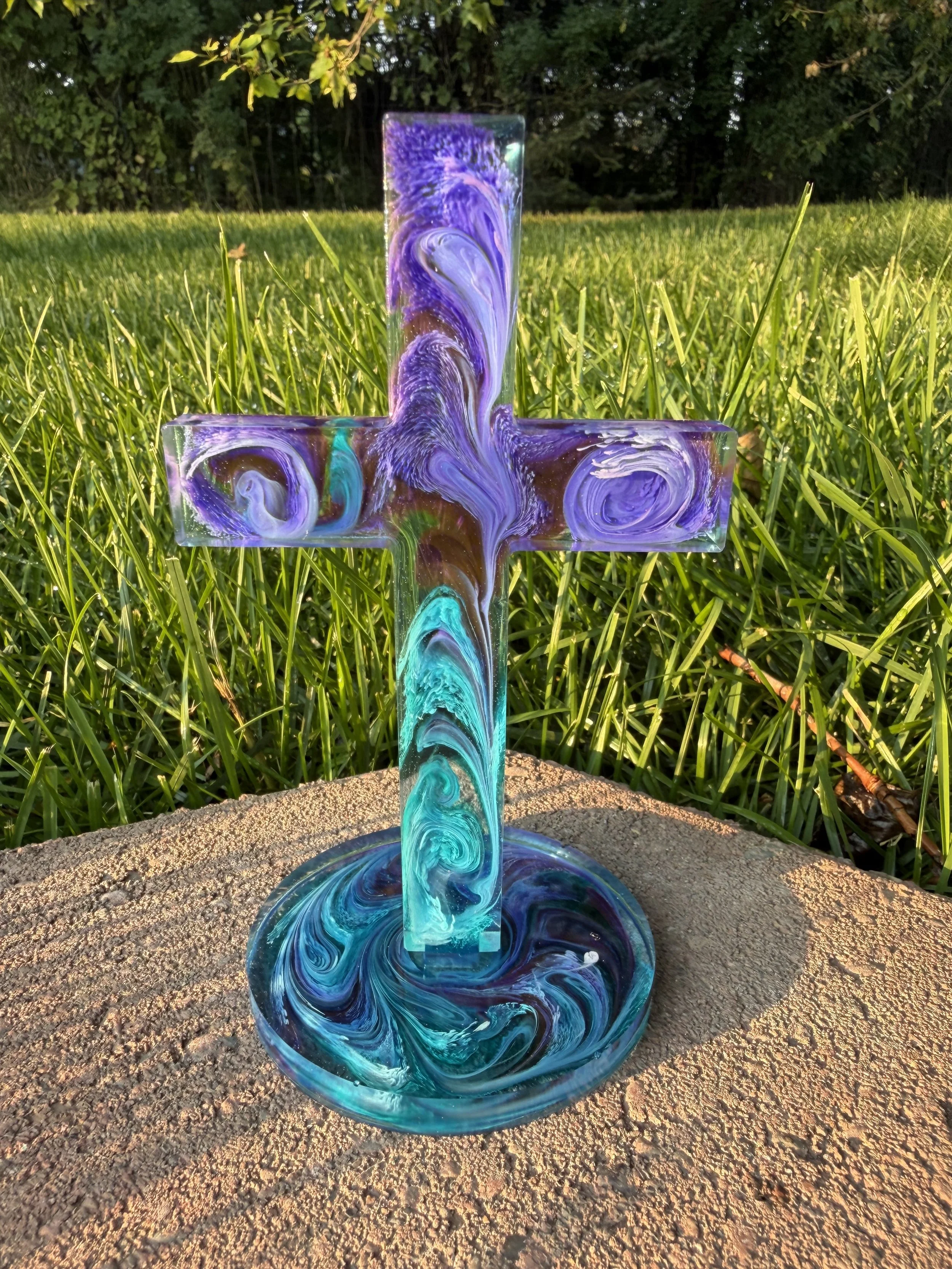 Handcrafted Swirl Resin Cross with Stand #49